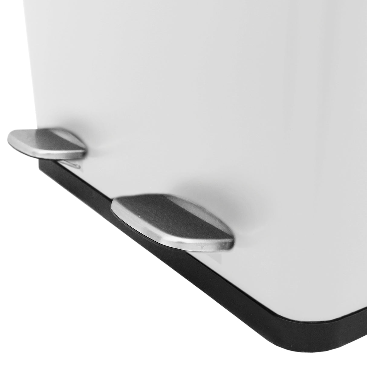 Poubelle de recyclage à double bac de 60 L, couleur blanche, avec pédales en acier inoxydable et base noire antidérapante
