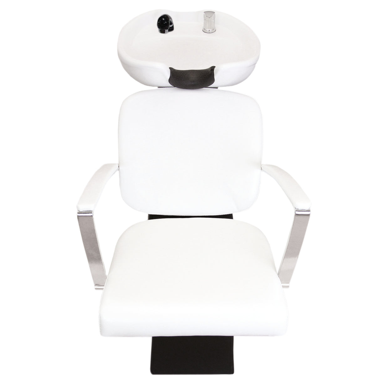 Fauteuil de coiffure blanc avec lavabo intégré, design moderne, accoudoirs en métal, rembourrage confortable et surface lisse