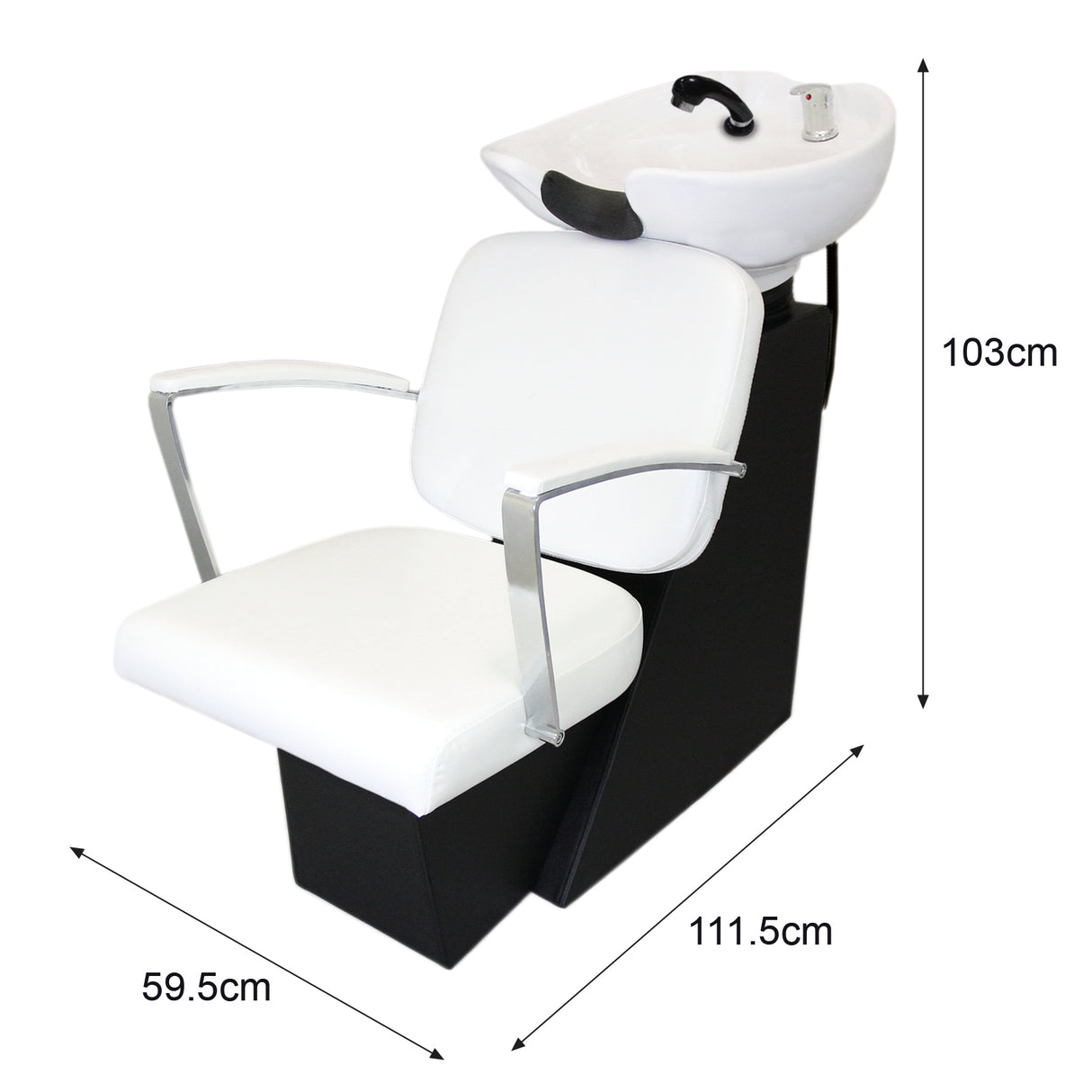 Fauteuil de salon de coiffure blanc avec lavabo, accoudoirs en métal, design moderne et élégant, dimensions 59,5 cm x 111,5 cm x 103 cm