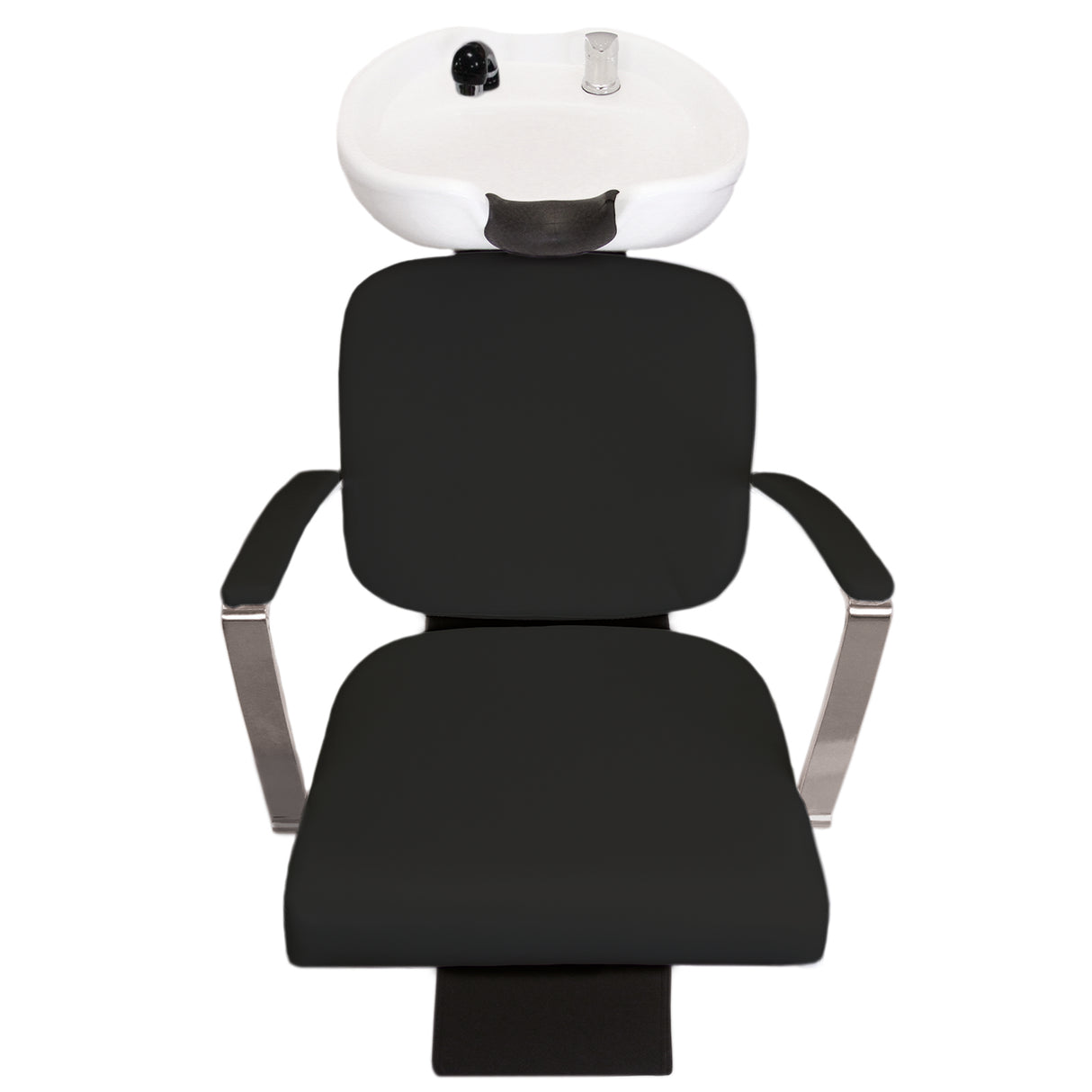 Fauteuil de salon de coiffure noir avec lavabo blanc, design moderne, accoudoirs en métal, rembourrage confortable et élégant