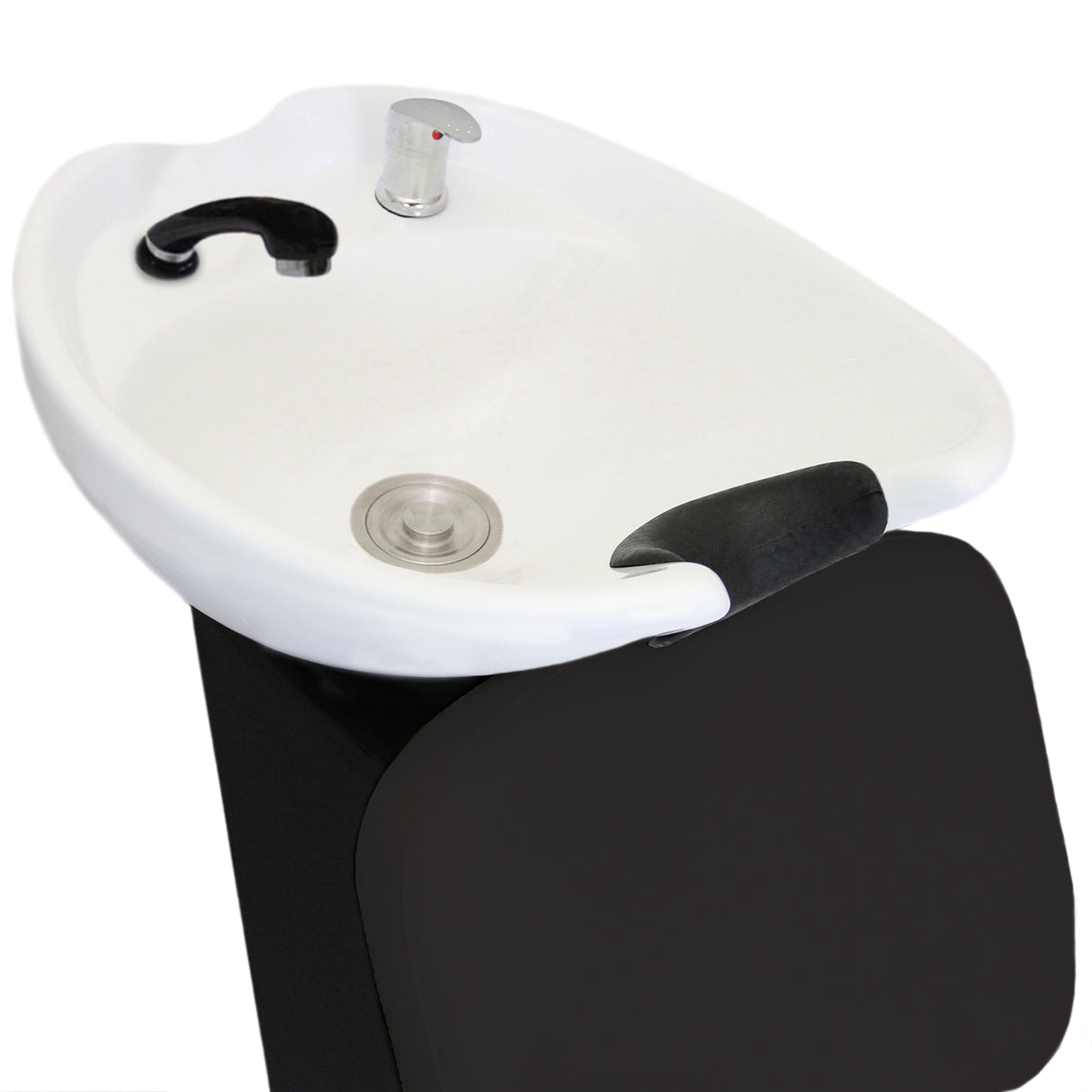 Fauteuil de salon de coiffure noir avec lavabo blanc, design moderne, surface lisse, robinet chromé et espace pour le confort du client