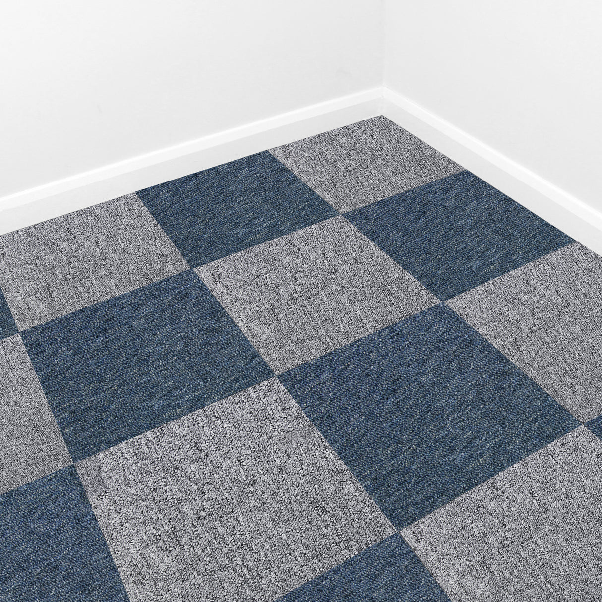 Dalles de moquette bleu tempête et gris, texture douce, motifs à carreaux, dimensions 50cm x 50cm, idéal pour un sol moderne