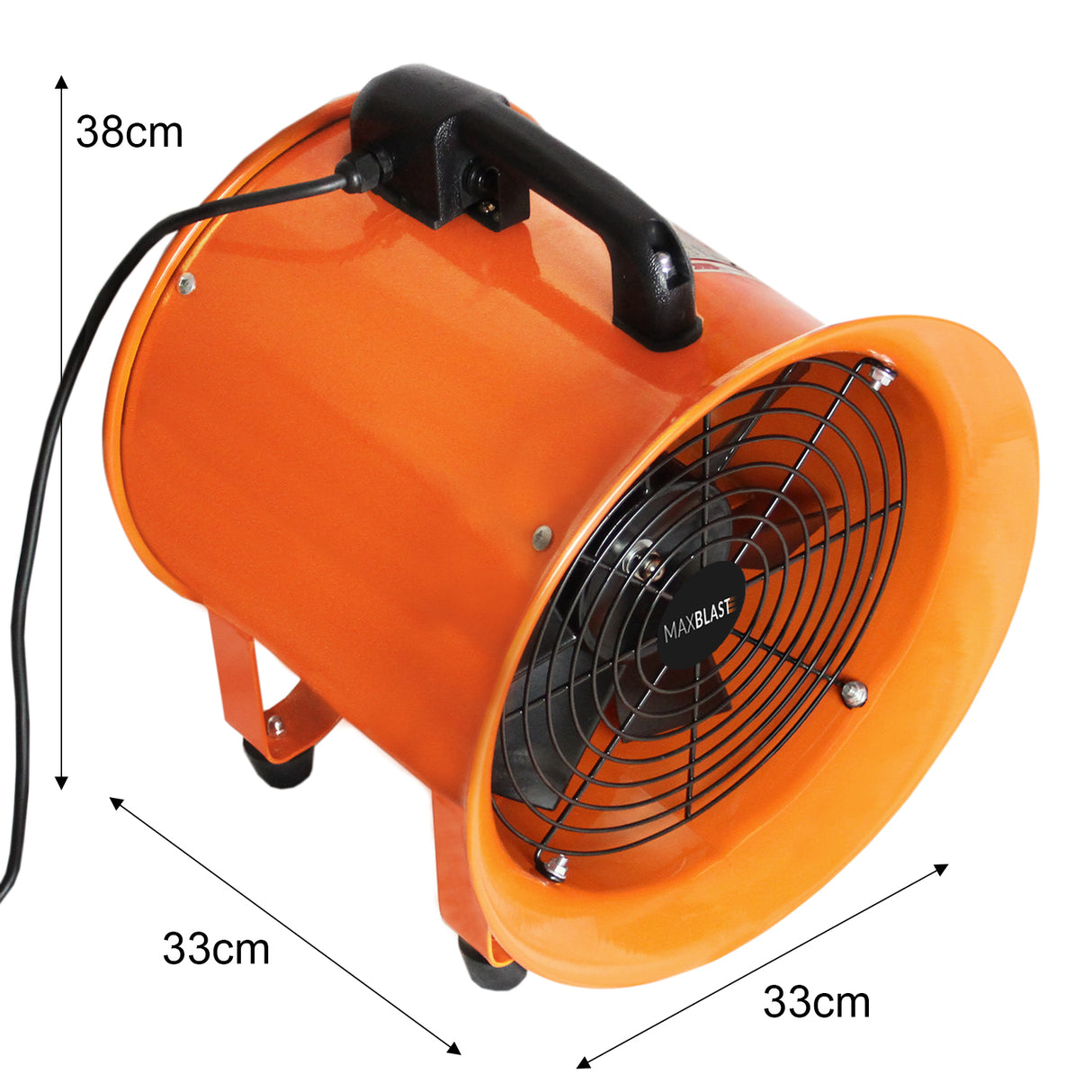 Ventilateur industriel MAXBLAST orange de 250 mm, 320 W, avec grille noire, roulettes et poignée pour un transport facile, dimensions 38 cm x 33 cm