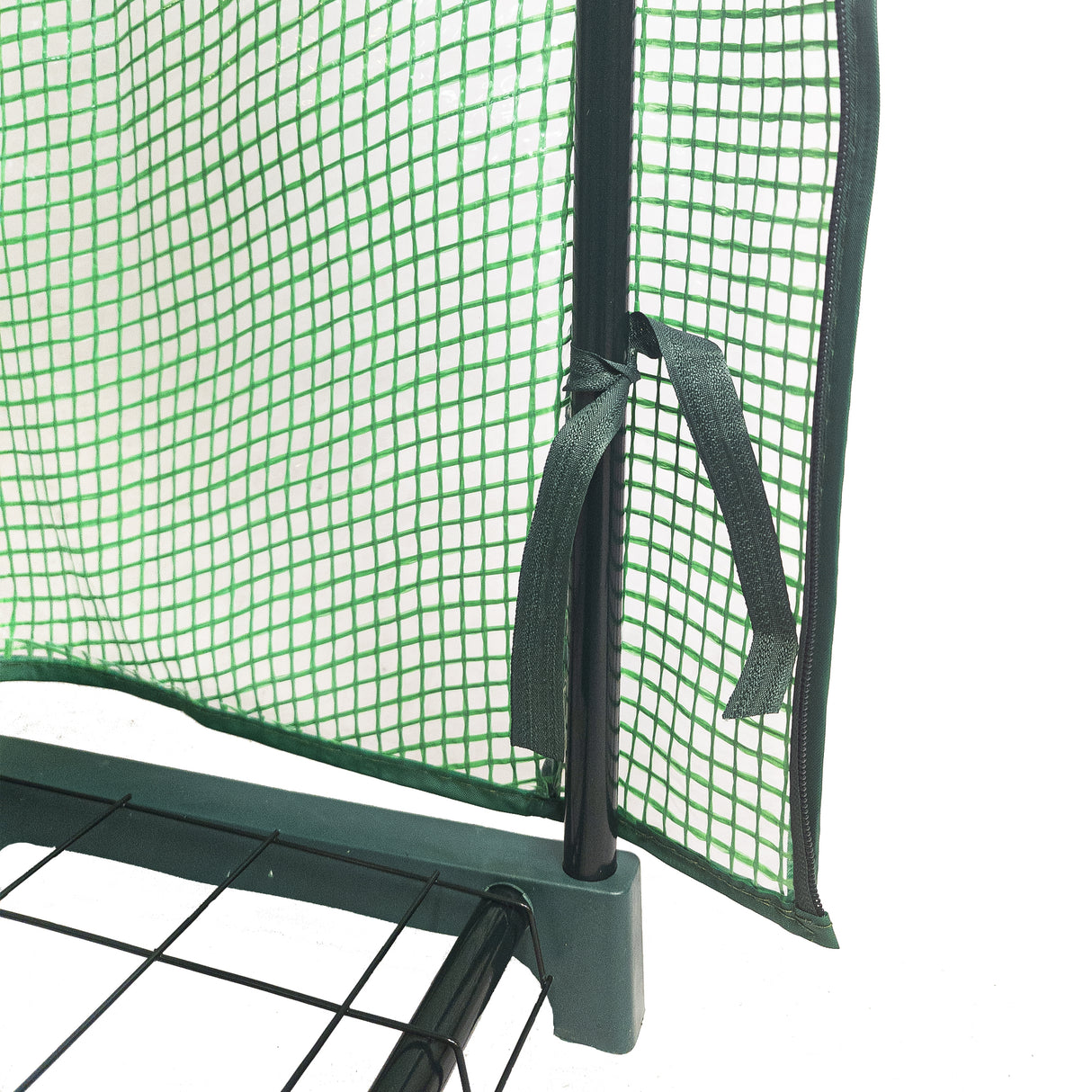 Mini serre à 4 étagères avec couverture en PE verte, filet en treillis, structure métallique noire, idéale pour cultiver des plantes en intérieur ou extérieur