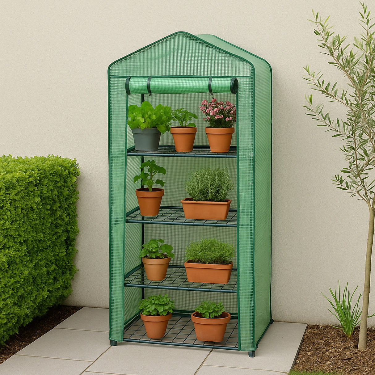 Mini serre à 4 étagères en métal vert, recouverte de PE, avec pots en terre cuite contenant des plantes vertes et des fleurs colorées