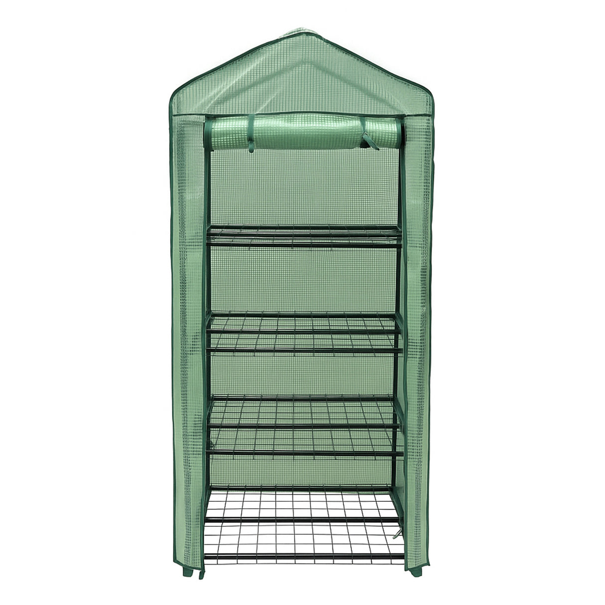 Mini serre à 4 étagères en métal noir avec couverture en PE verte, idéale pour cultiver des plantes en intérieur ou extérieur