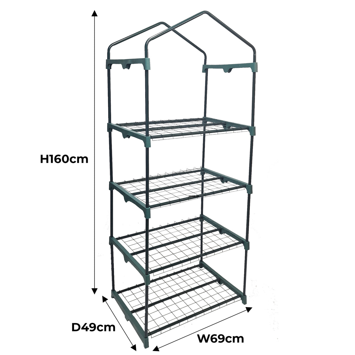 Mini serre à 4 étagères, structure métallique verte, couverture en PE, dimensions H160cm, D49cm, W69cm, idéale pour cultiver des plantes