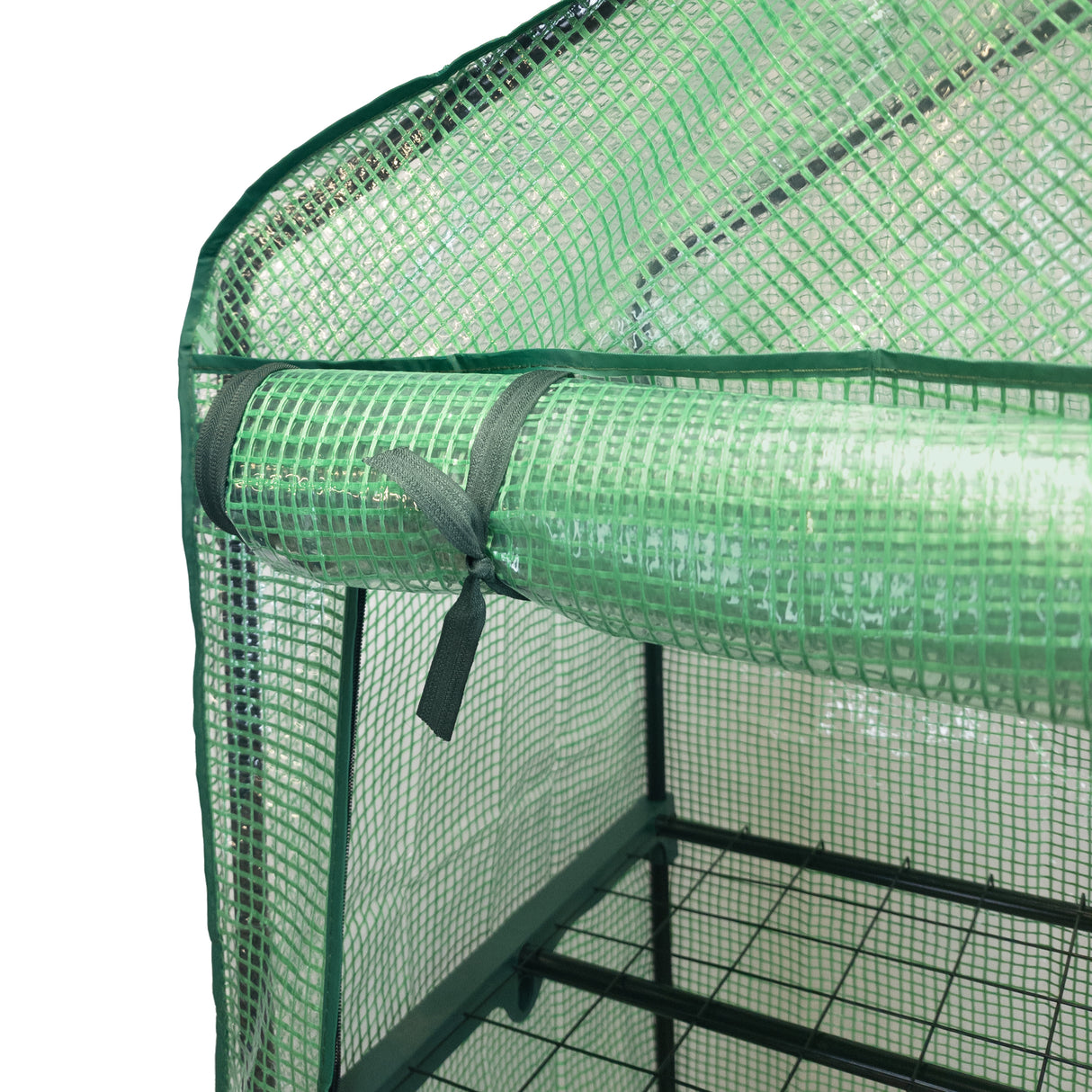 Mini serre à 4 étagères avec couverture en PE verte, structure en métal noir, filet en plastique pour une bonne aération et protection des plantes