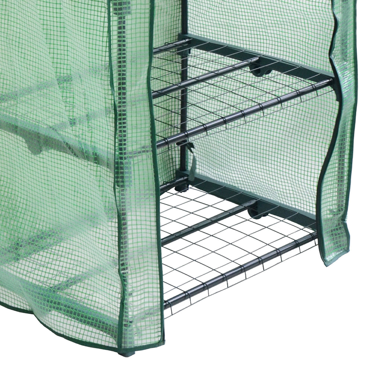 Mini serre à 4 étagères avec couverture en PE verte, structure métallique noire, idéale pour cultiver des plantes en intérieur ou extérieur