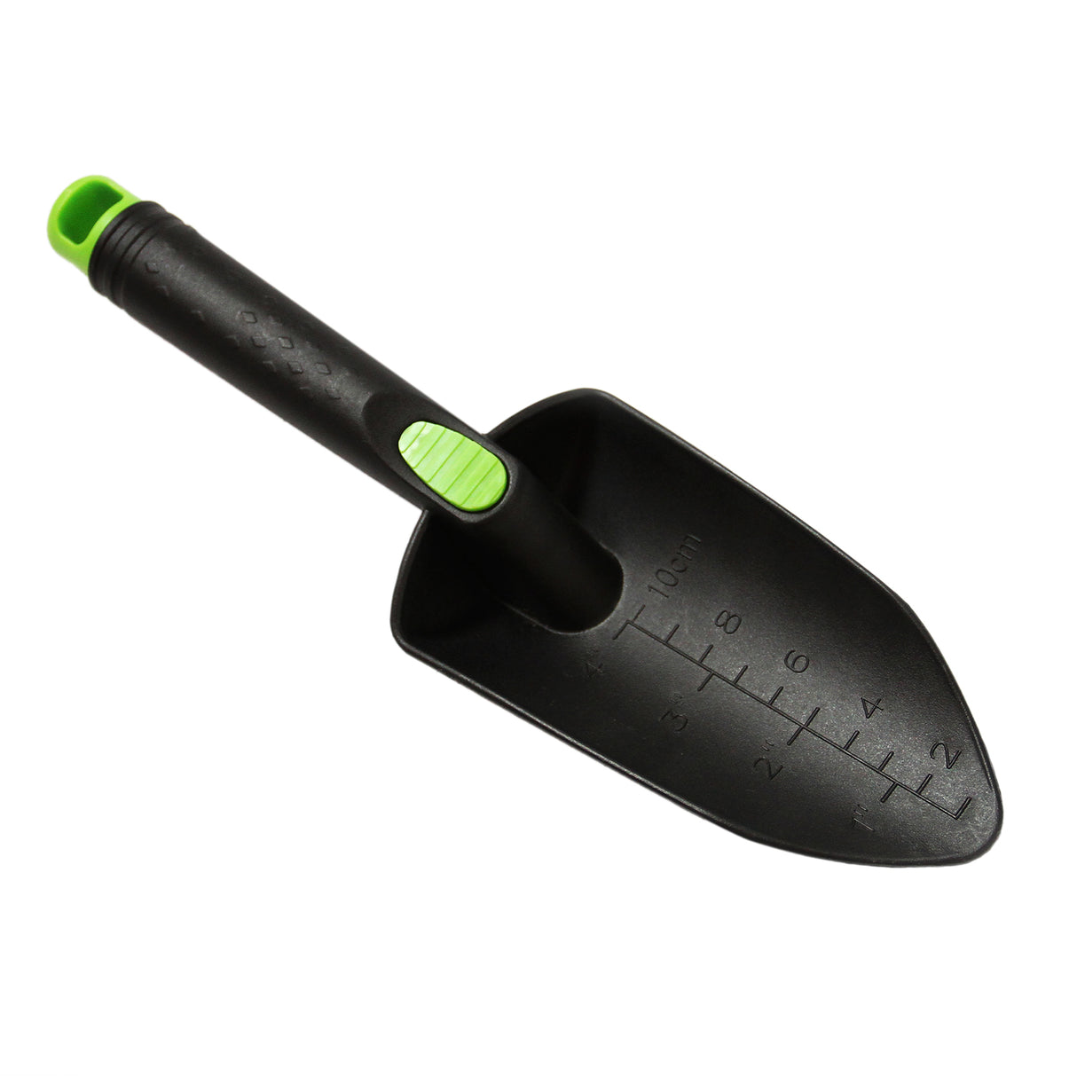 Pelle de jardin en plastique noir avec une poignée ergonomique verte, marquée pour des mesures précises jusqu'à 10 cm