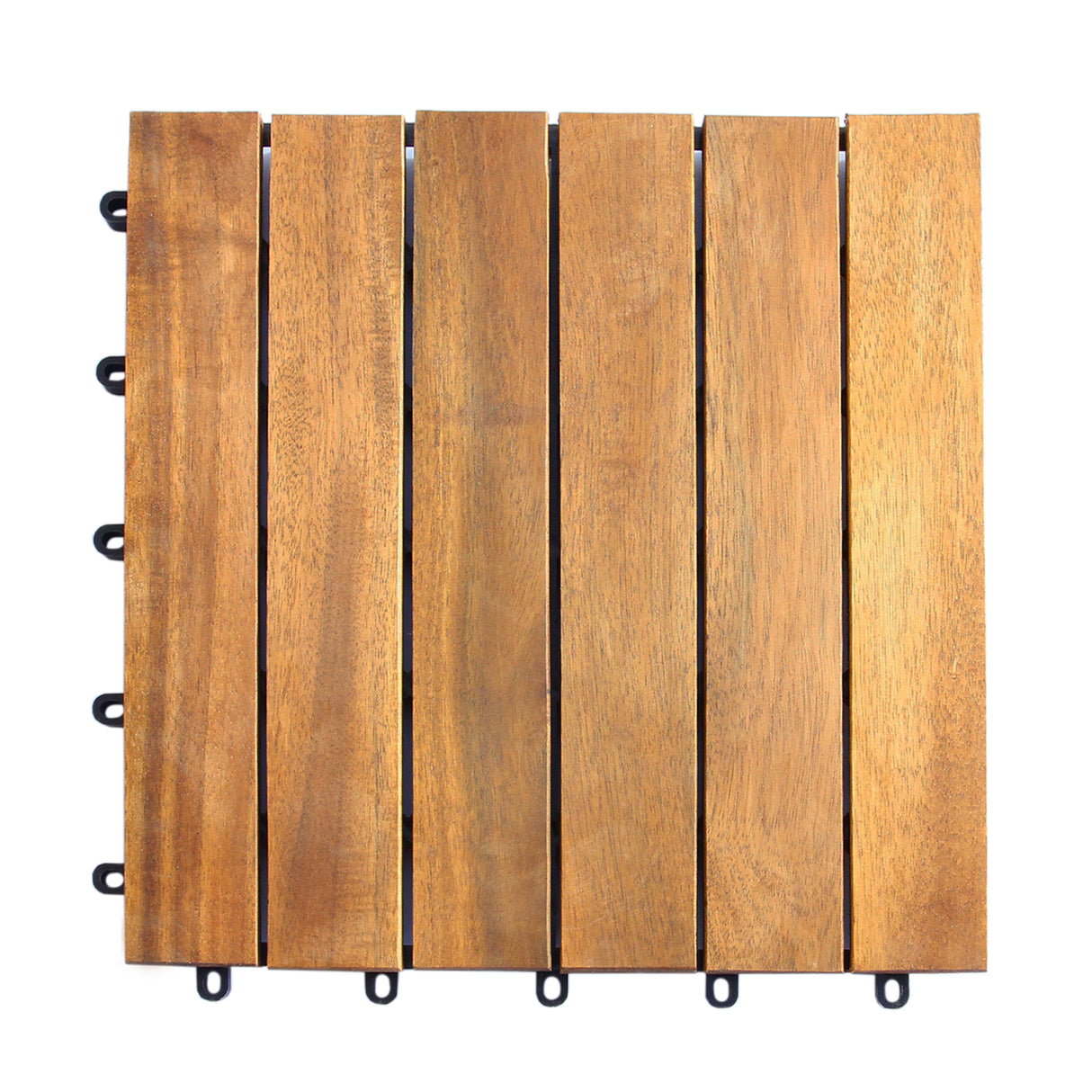 Dalles de terrasse en bois d'acacia, couleur miel, finition lisse, avec attaches noires pour un assemblage facile et durable