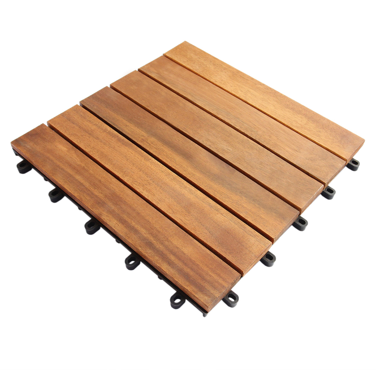 Dalles de terrasse en bois d'acacia, couleur brun chaud, surface lisse, design moderne avec attaches en plastique noir pour un montage facile