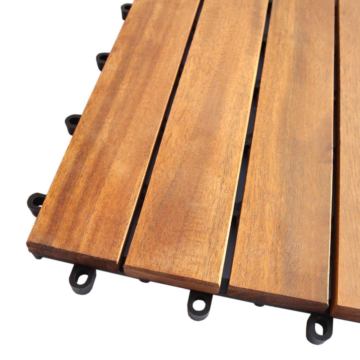 Dalles de terrasse en bois d'acacia, couleur brun riche, surface lisse avec des rainures, fixations en plastique noir pour un assemblage facile