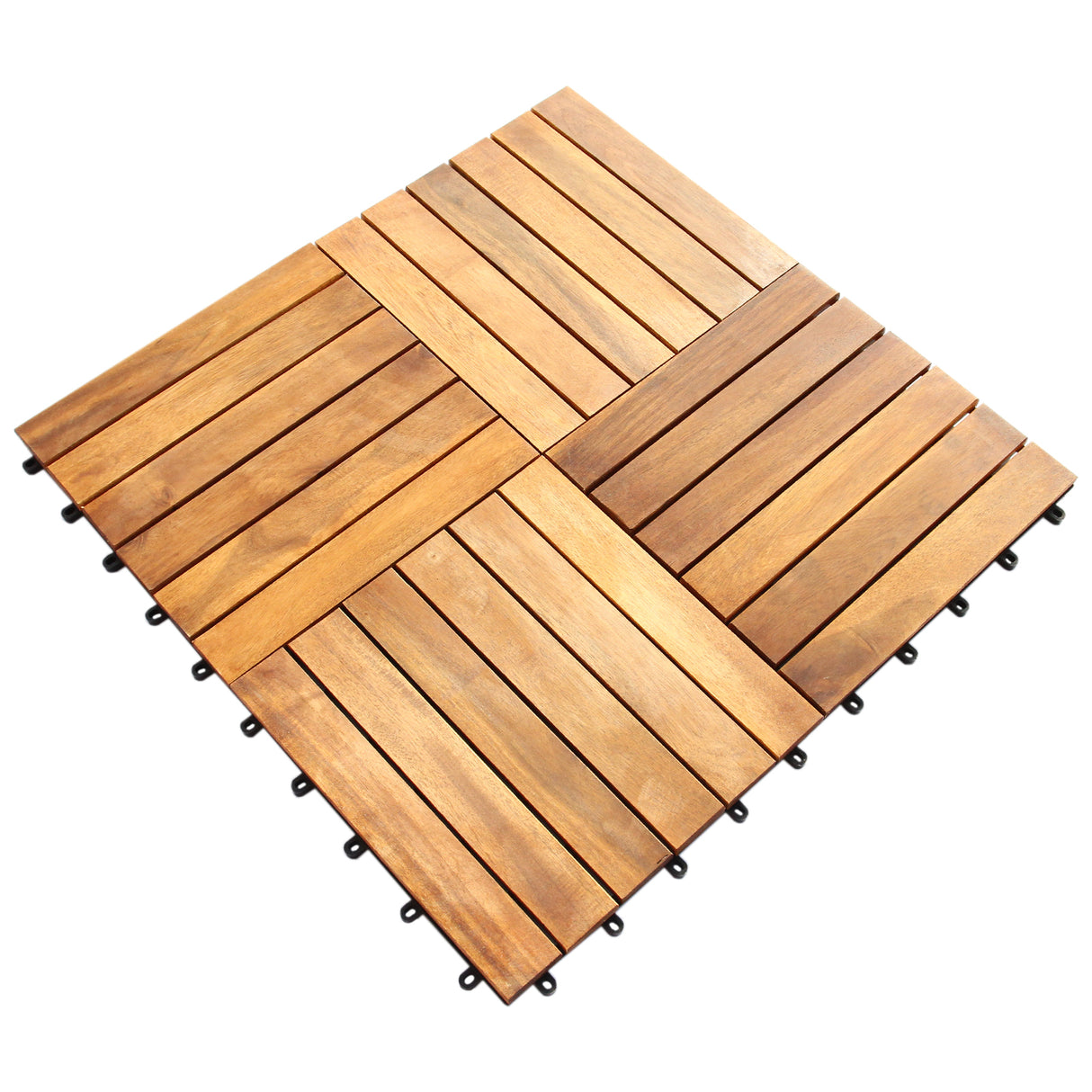 Dalles de terrasse en bois d'acacia, couleur brun chaud, surface lisse avec des lattes disposées en motif carré, connecteurs en plastique noir