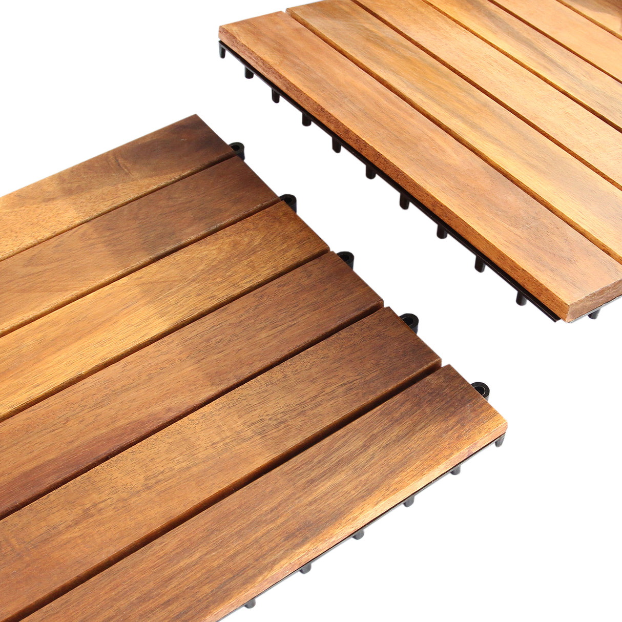 Dalles de terrasse en bois d'acacia, teintes chaudes, surface lisse et texturée, assemblage en clips pour installation facile