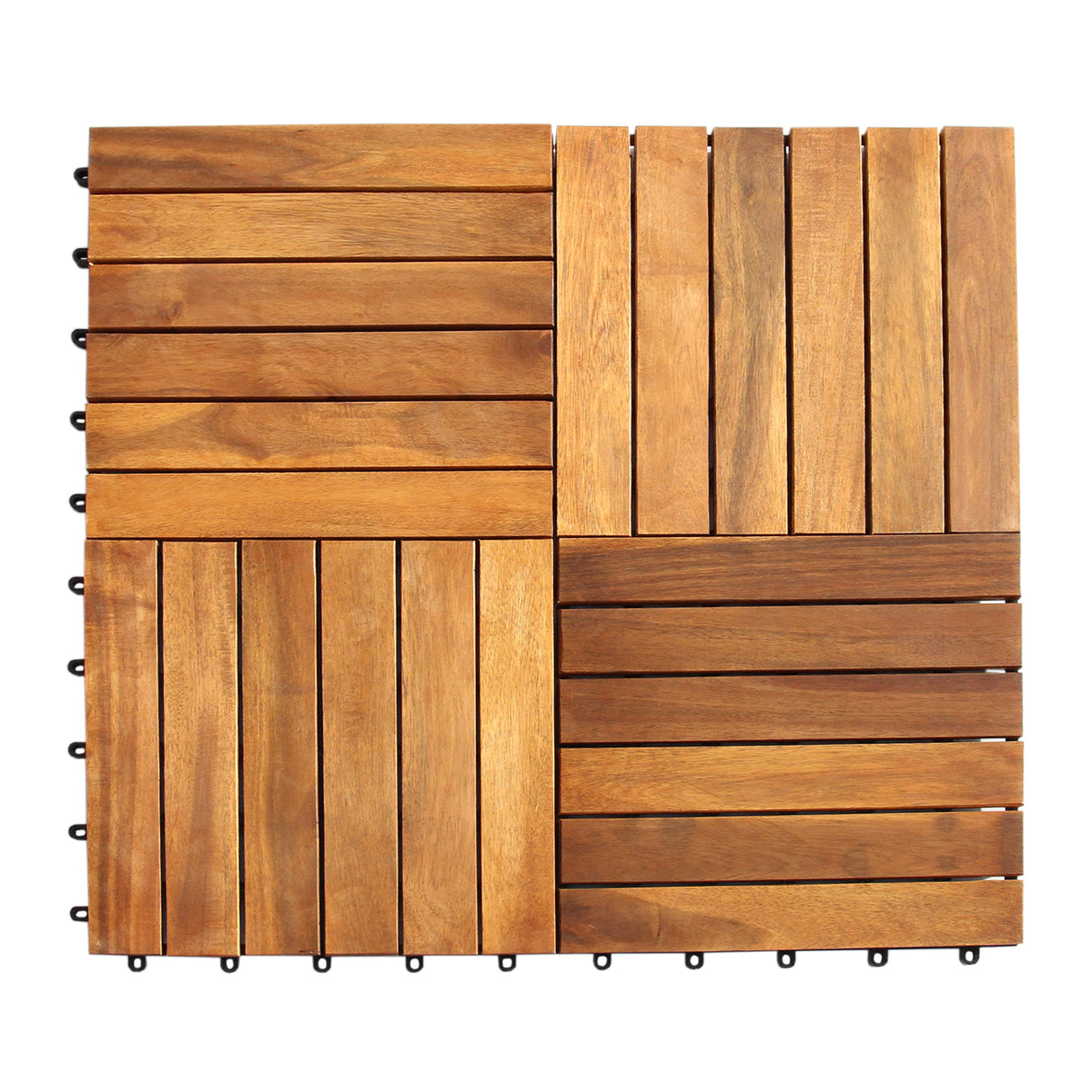 Dalles de terrasse en bois d'acacia, couleur miel, avec des lattes lisses et un design en mosaïque, idéales pour l'extérieur