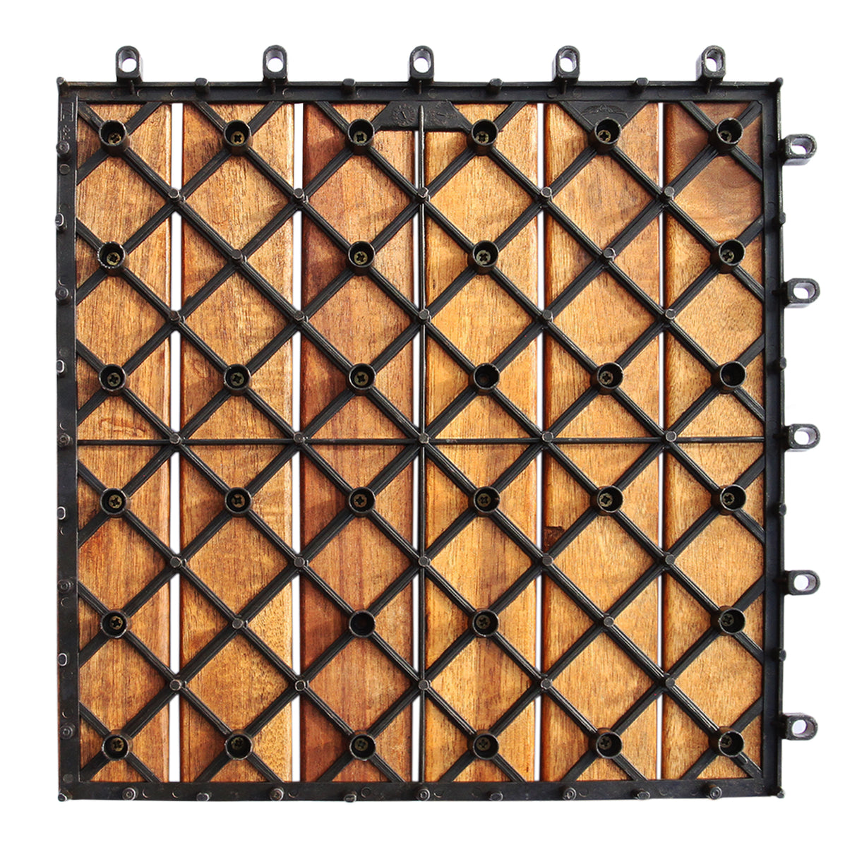 Dalles de terrasse en bois d'acacia, couleur brun chaud, texture lisse avec motifs en losange, cadre noir en plastique robuste