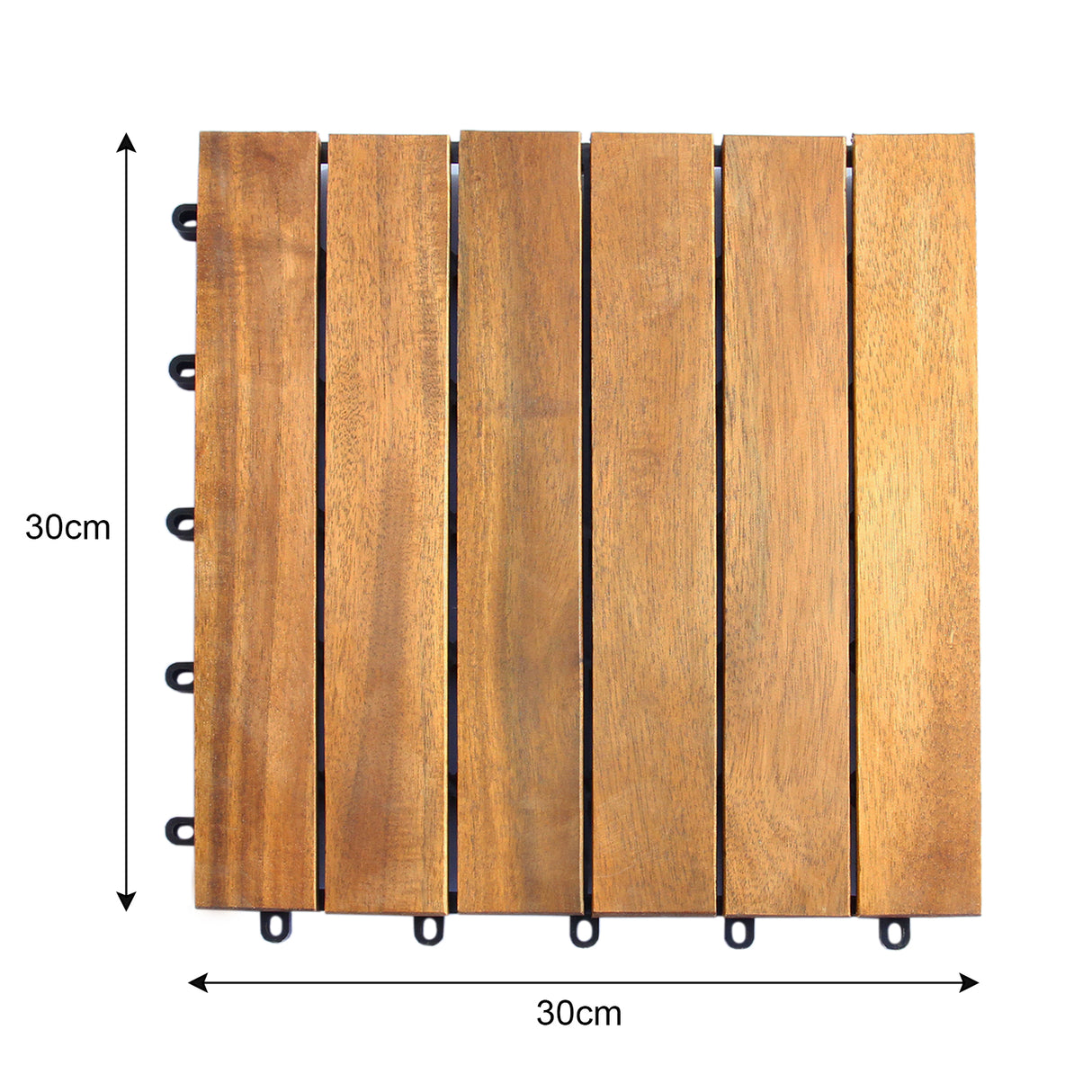 Dalles de terrasse en bois d'acacia, couleur brun chaud, texture lisse, dimensions 30 cm x 30 cm, avec attaches pour installation facile