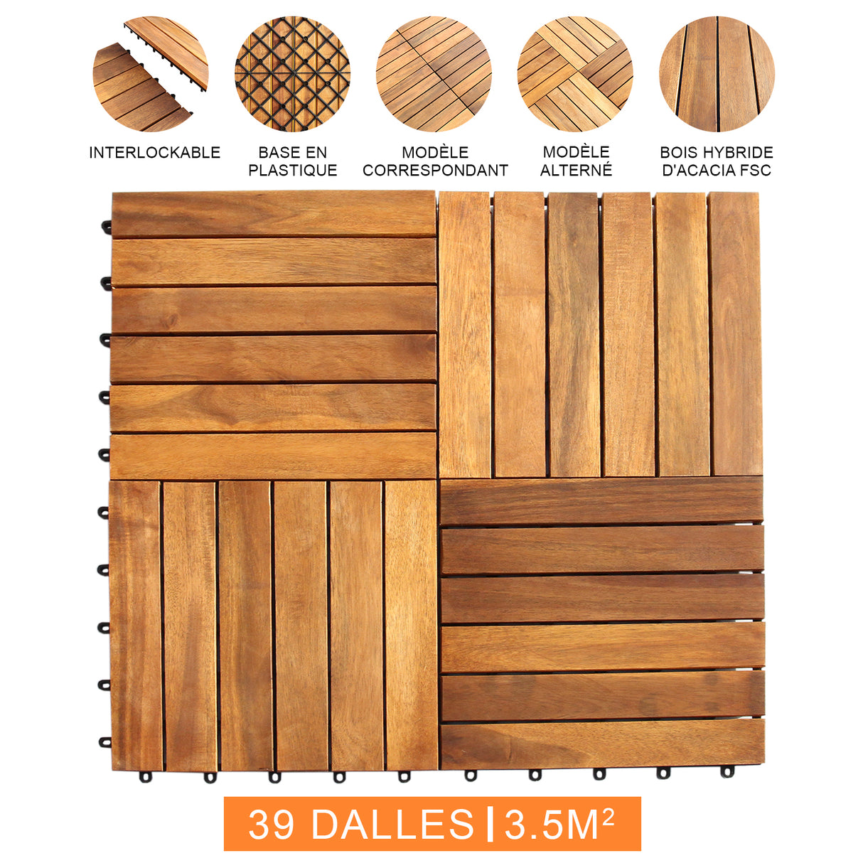 Dalles de terrasse en bois d'acacia, couleur brun chaud, texture lisse et interlockables, idéales pour un aménagement extérieur élégant