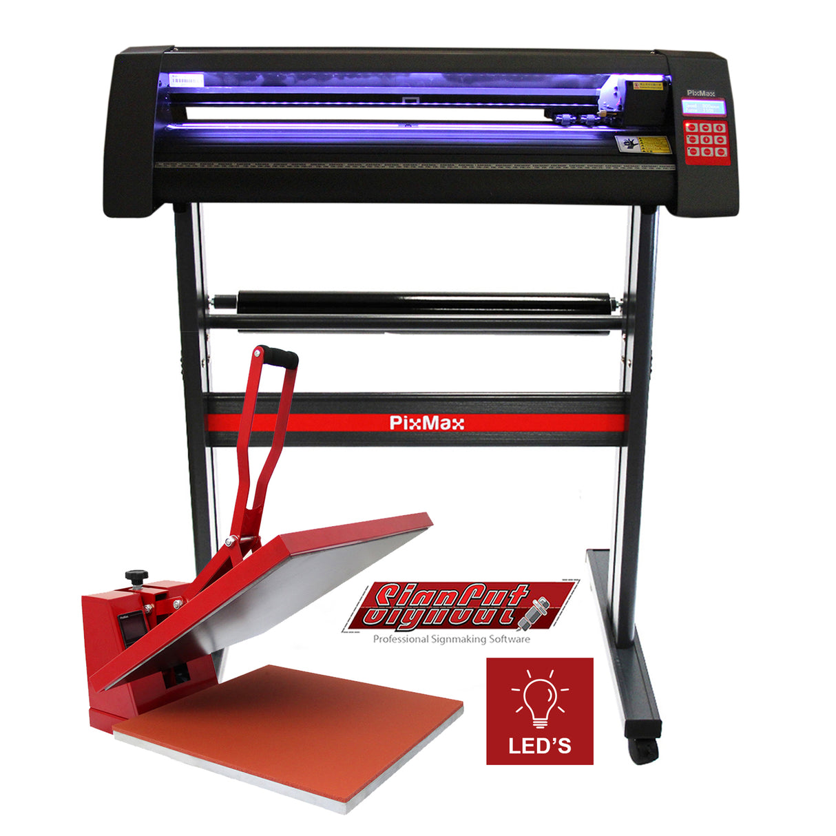 Presse à chaud rouge et noir avec plotter de découpe vinyle, écran LED et logiciel Signcut Pro, idéal pour la signalétique