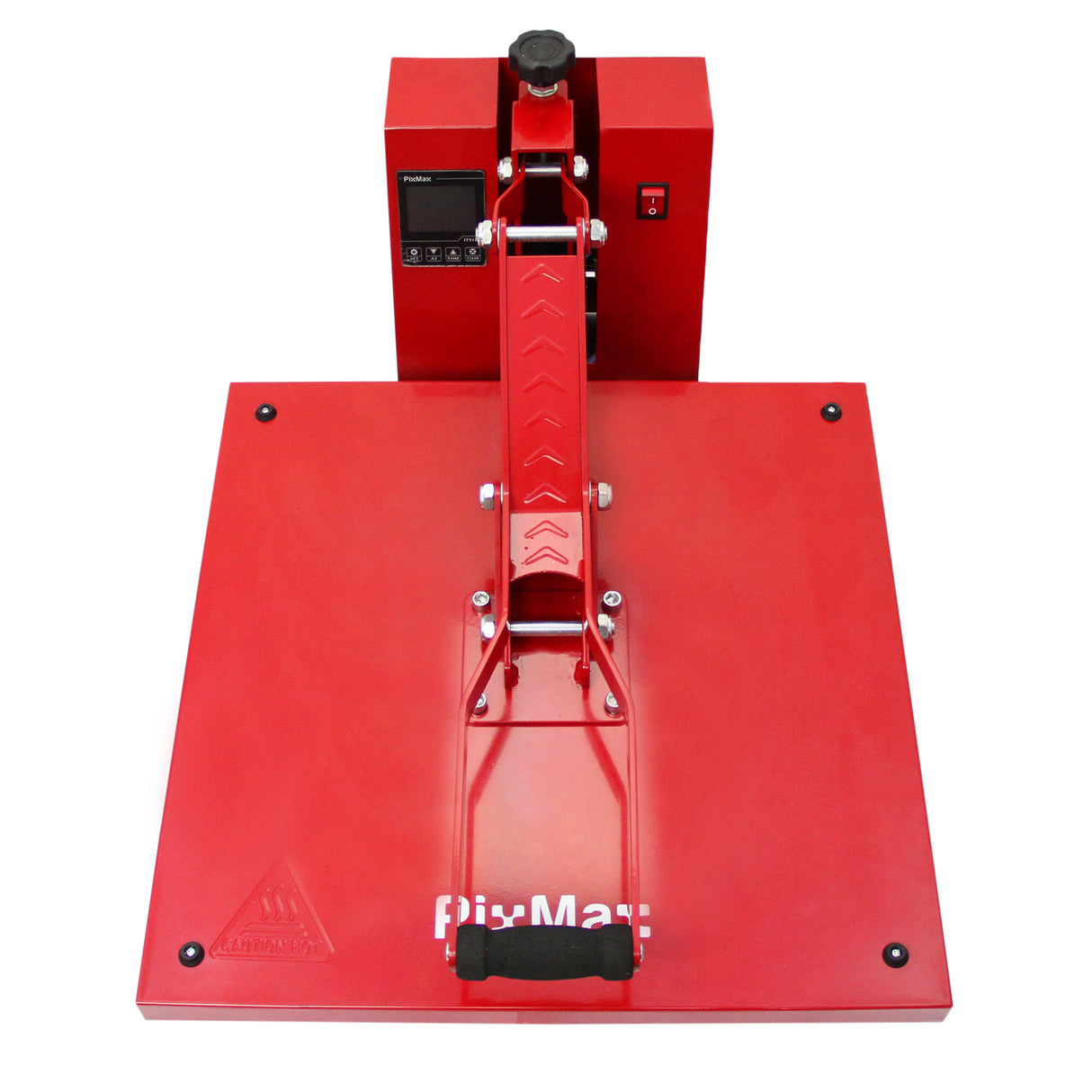 Presse à chaud plate PixMax rouge avec surface lisse, poignée ergonomique et écran de contrôle pour des applications de transfert thermique
