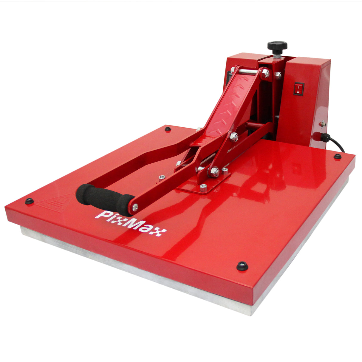 Presse à chaud PixMax rouge vif avec plateau plat, poignée ergonomique et boutons de contrôle pour une utilisation facile et efficace