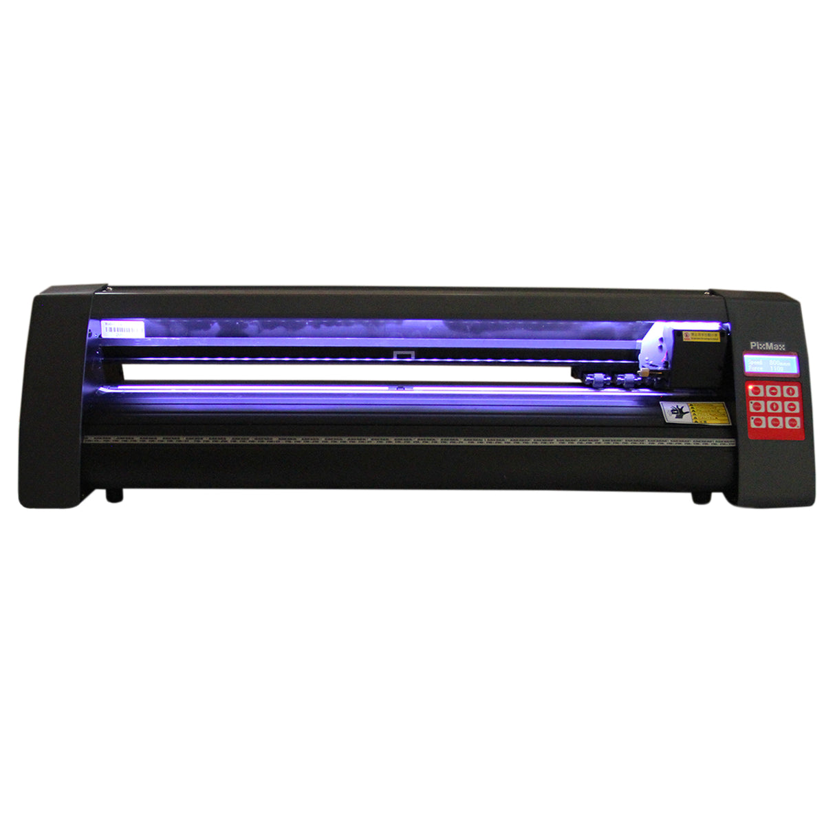 Plotter de découpe vinyle PixMax avec un design noir élégant, boutons rouges, et éclairage violet, idéal pour la création de motifs