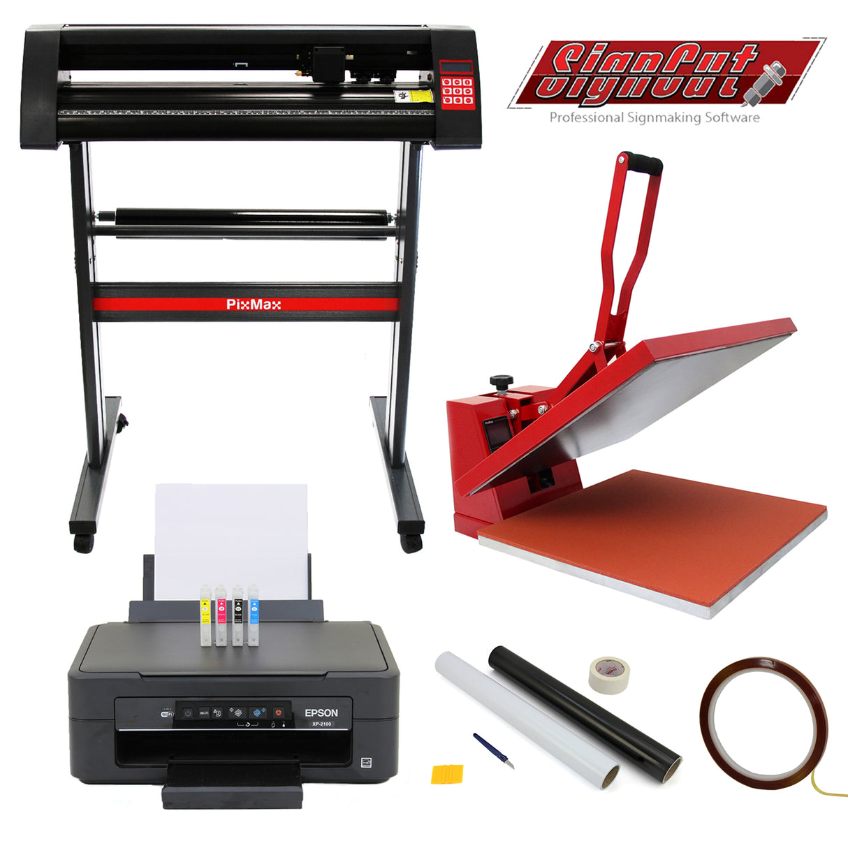 Lot de découpe vinyle PixMax avec presse à chaud rouge, imprimante Epson, rouleaux de vinyle et accessoires pour création personnalisée