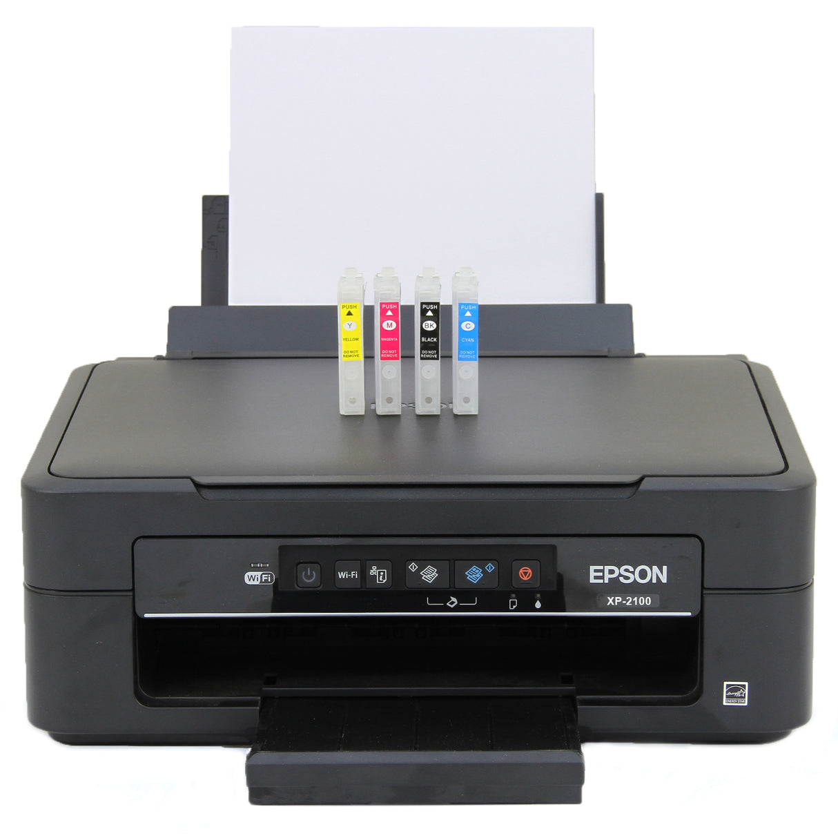 Imprimante Epson XP-2100 noire avec quatre cartouches de couleur, prête à imprimer sur du papier blanc, design compact et moderne