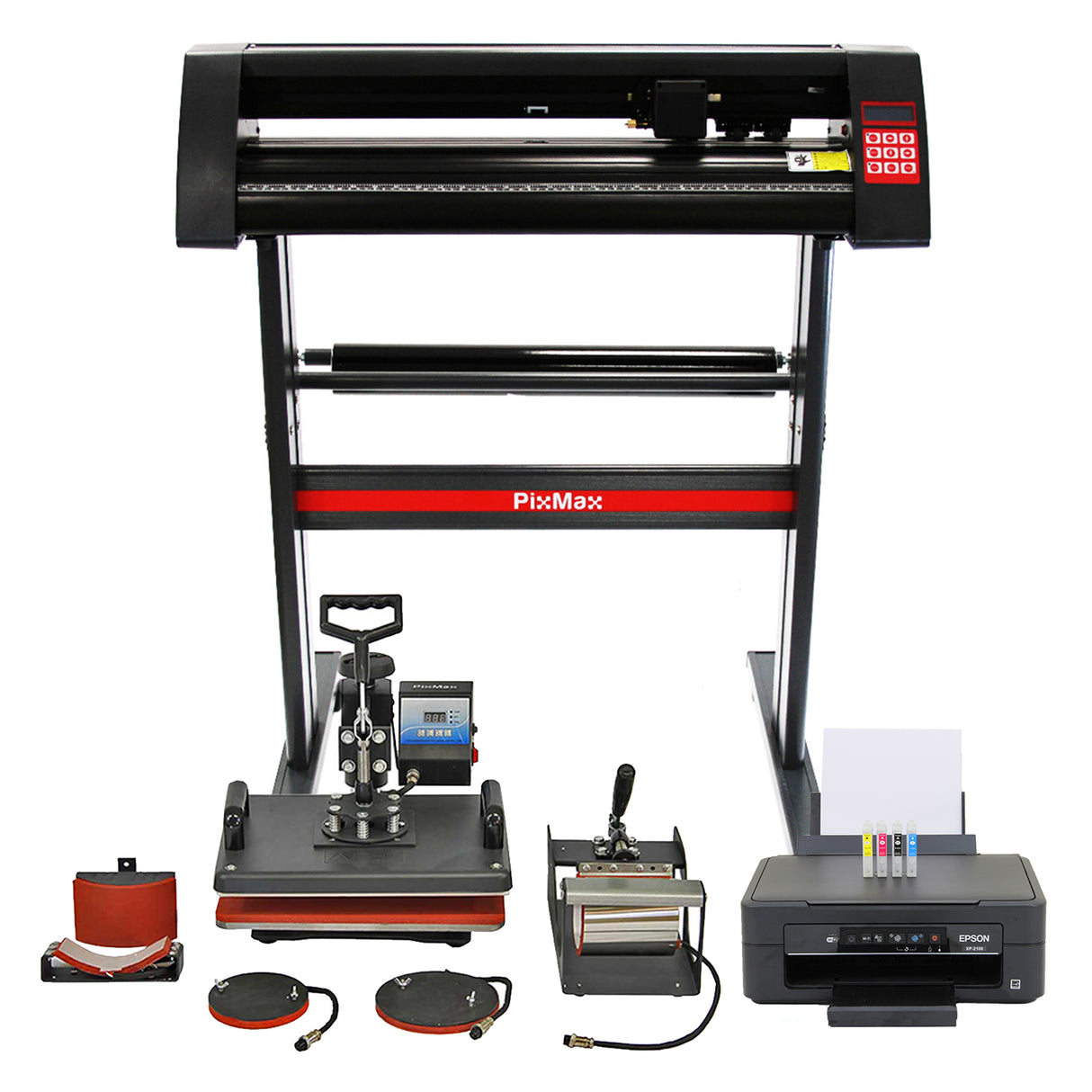 Presse à chaud PixMax 5 en 1 avec découpe vinyle, imprimante, et accessoires, présentée sur un fond neutre, couleurs noires et rouges
