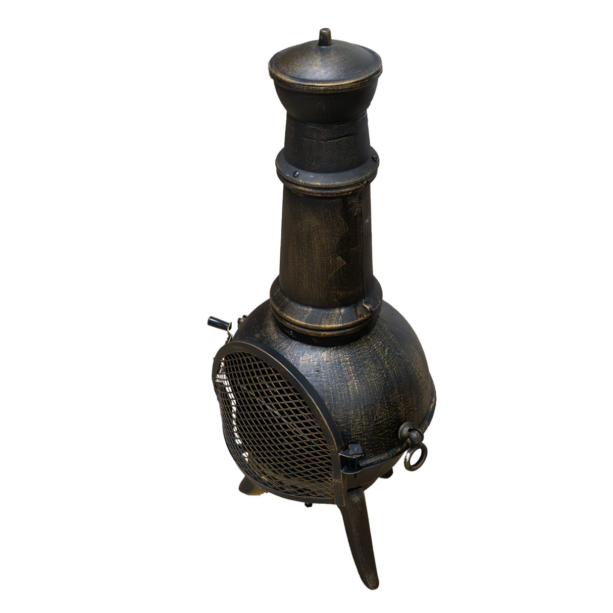 Cheminée de jardin en fonte noire avec une finition texturée, forme arrondie, cheminée haute et grille métallique pour une ambiance chaleureuse
