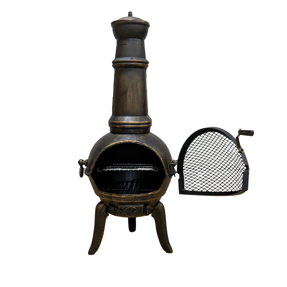 Cheminée de jardin en fonte, couleur bronze, avec une cheminée haute, porte grillagée et pieds robustes pour un style rustique