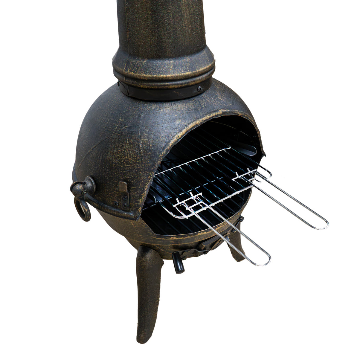 Cheminée de jardin en fonte, finition bronze, avec un design arrondi, grille de cuisson en acier et pieds robustes pour une stabilité optimale