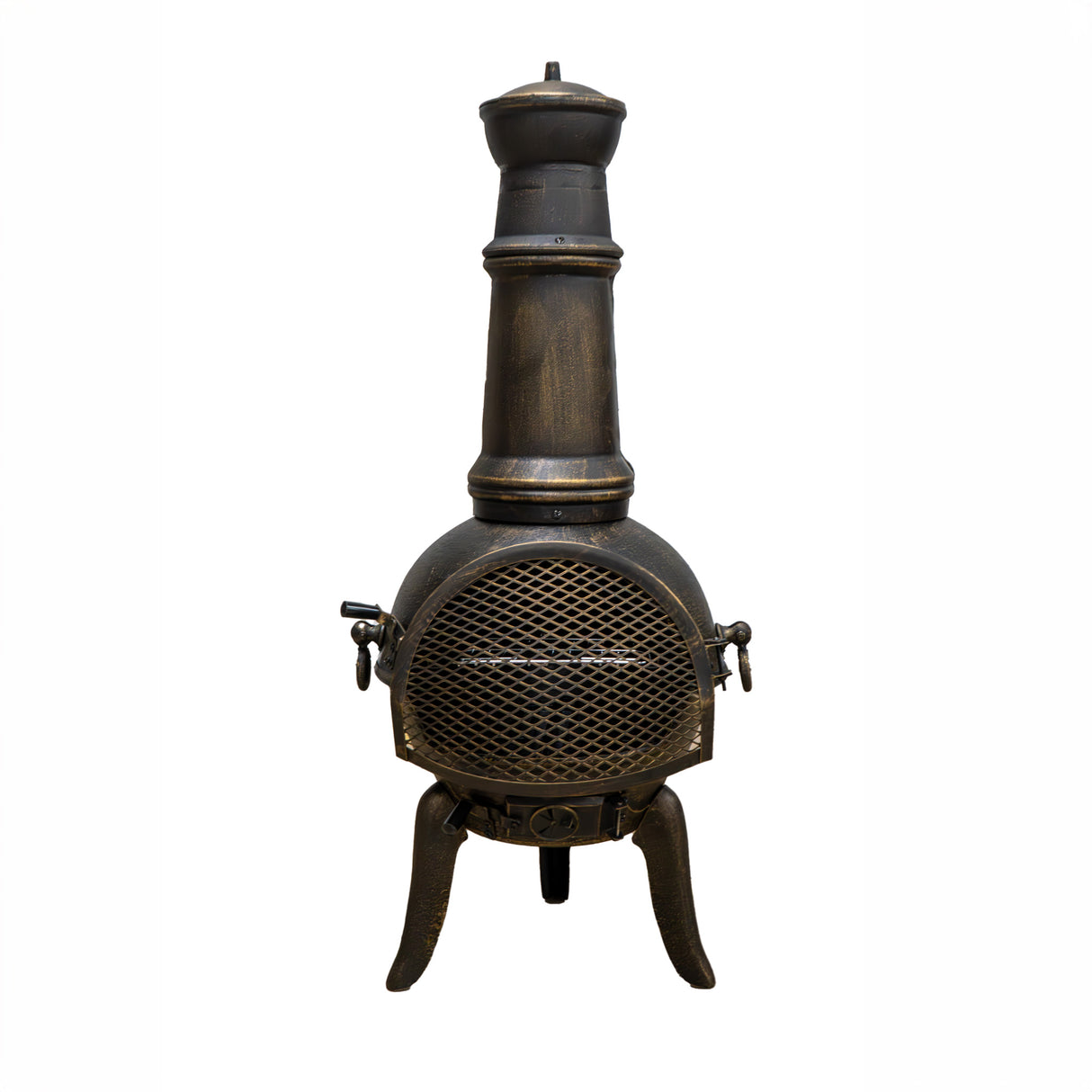 Cheminée de jardin en fonte noire, avec un design vintage, un corps arrondi et une cheminée élancée, idéale pour les soirées en extérieur