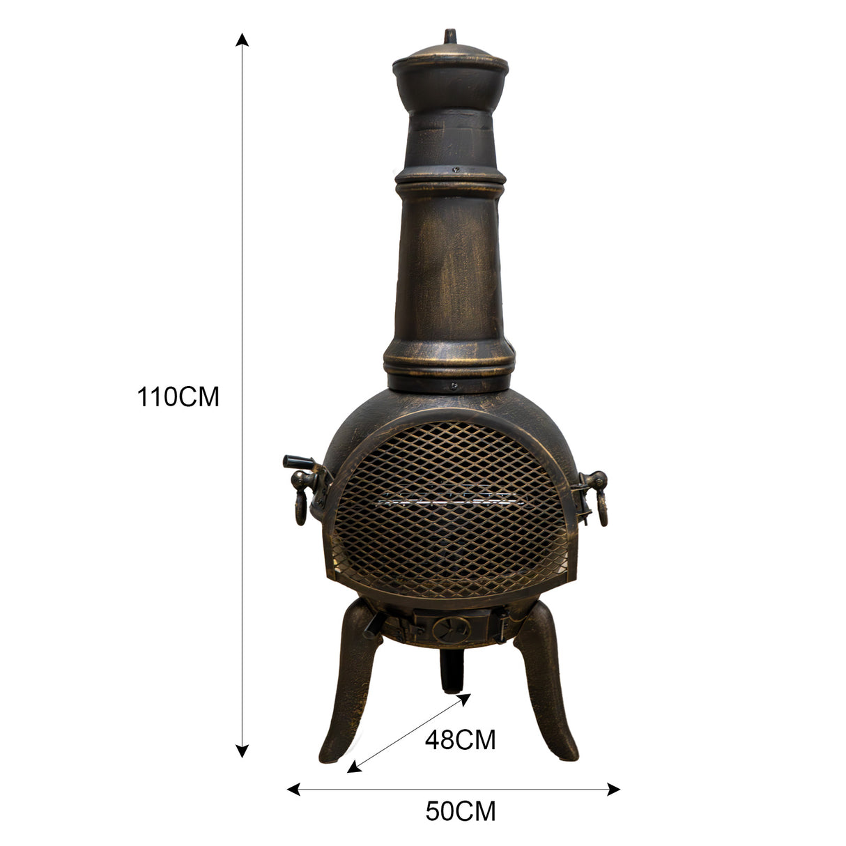 Cheminée de jardin en fonte noire, design élégant avec cheminée haute, grille en métal et pieds robustes, idéale pour les soirées en extérieur