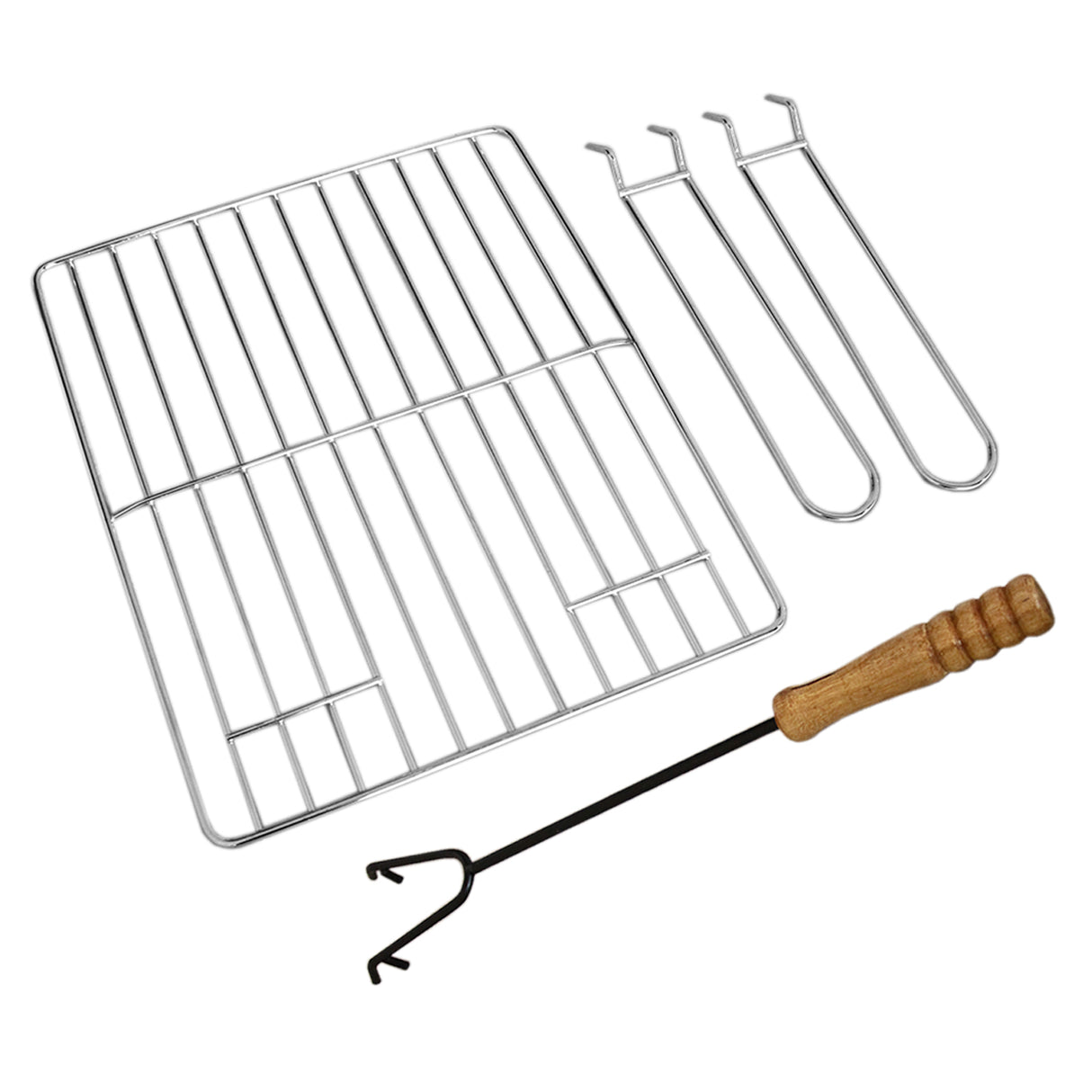 Grille en acier inoxydable avec poignées en bois, accompagnée de trois crochets et d'un outil de barbecue, idéale pour la cuisson en extérieur