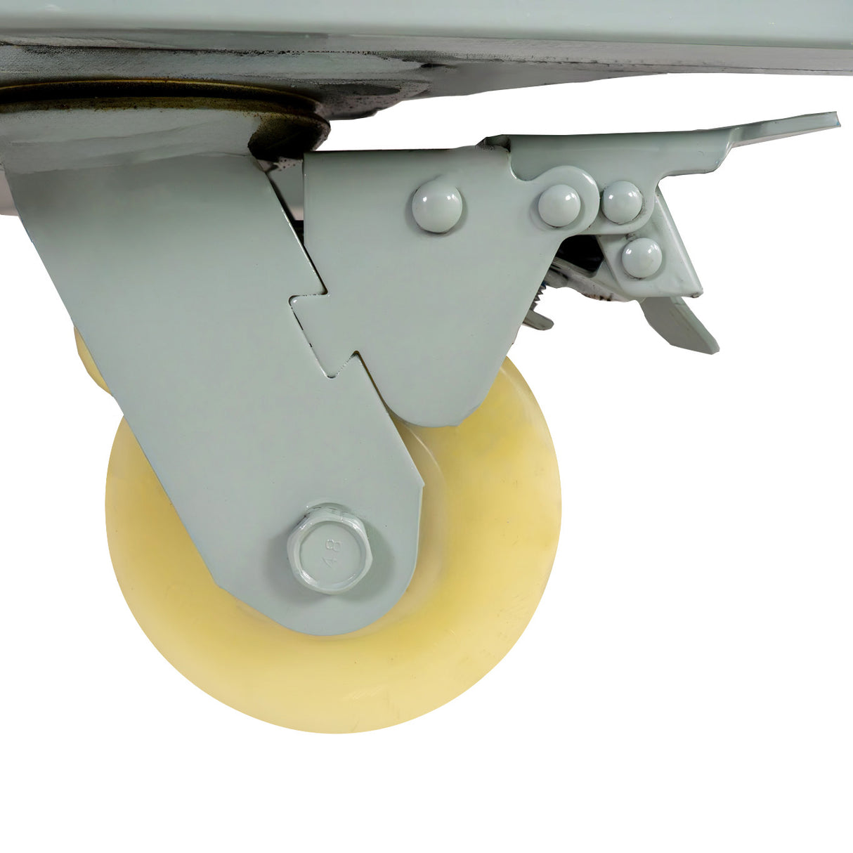 Roulette en plastique jaune clair avec un support métallique gris, conçue pour un four à pizza professionnel KuKoo, offrant mobilité et robustesse
