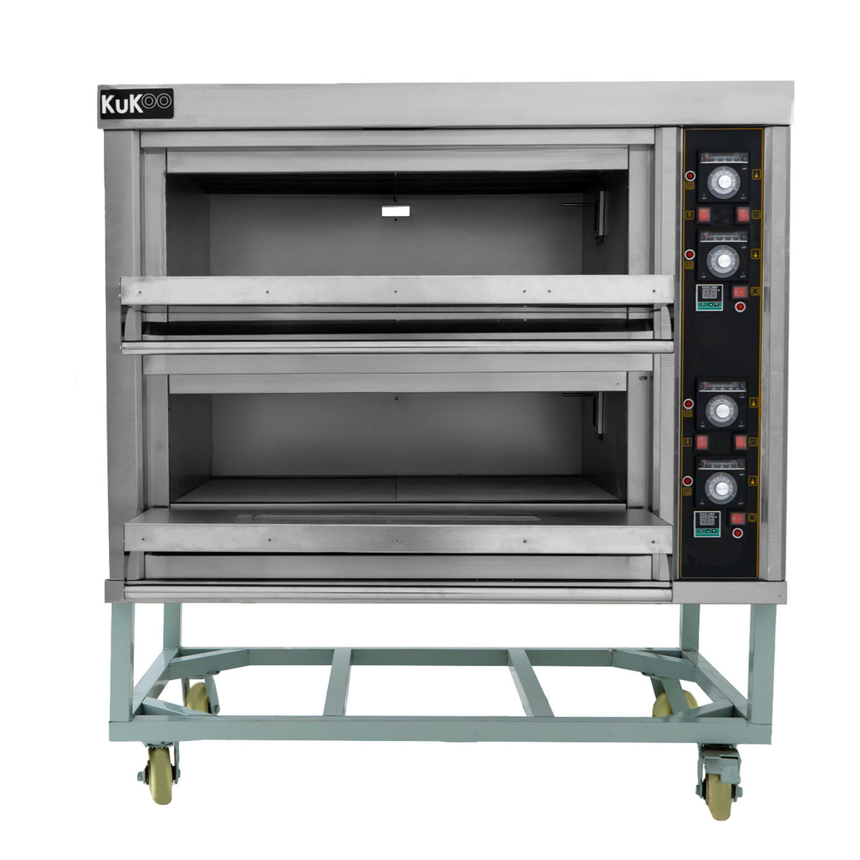 Four à pizza professionnel KuKoo en acier inoxydable, avec deux compartiments, boutons de contrôle et roulettes pour mobilité