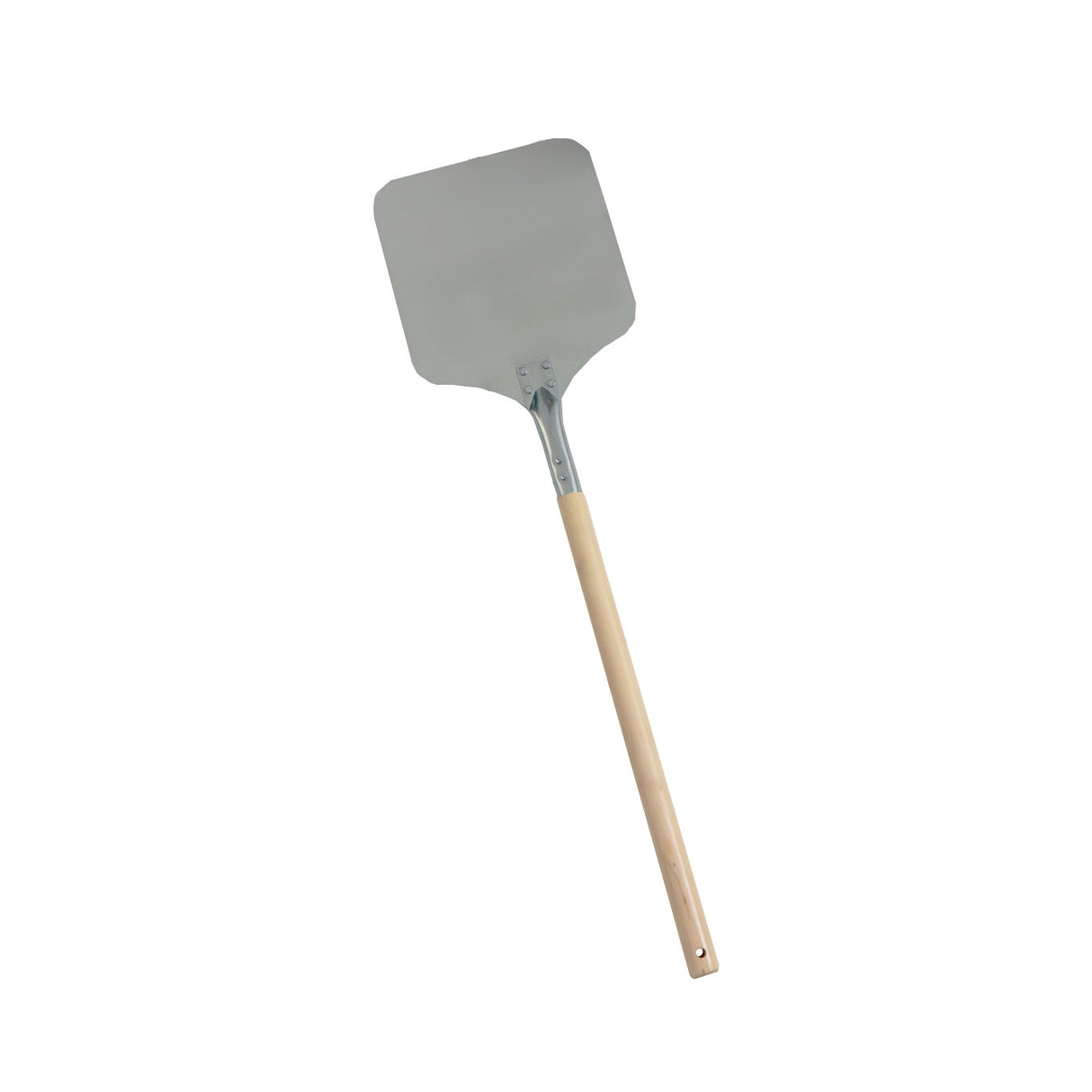 Pelle à pizza en métal avec une large surface plate et un long manche en bois, idéale pour enfourner et retirer des pizzas chaudes