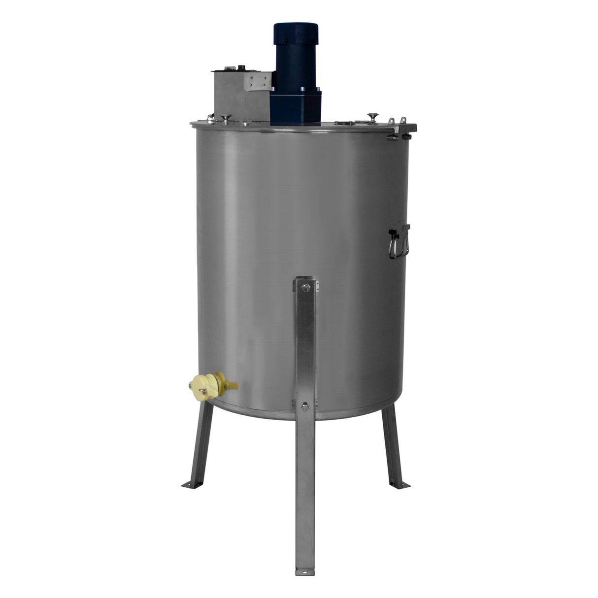 Extracteur de miel électrique en acier inoxydable, cylindrique, avec un moteur bleu, support stable et robinet en bas pour un usage pratique