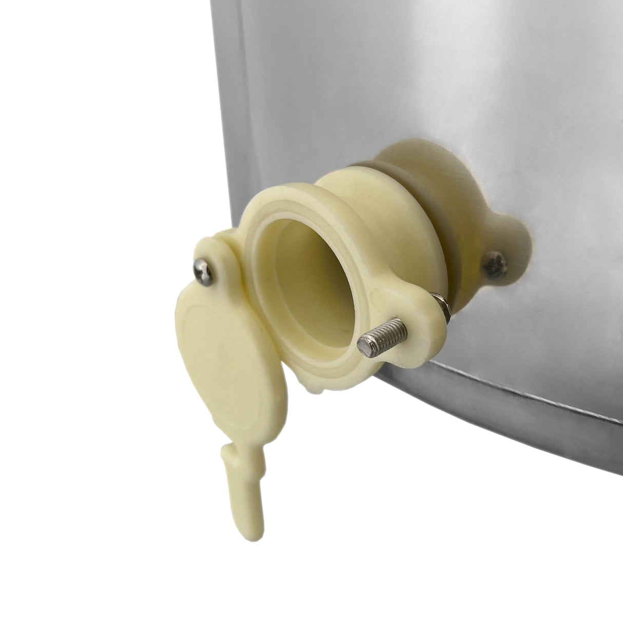 Extracteur de miel électrique en acier inoxydable avec robinet en plastique beige, conçu pour un écoulement facile et pratique du miel