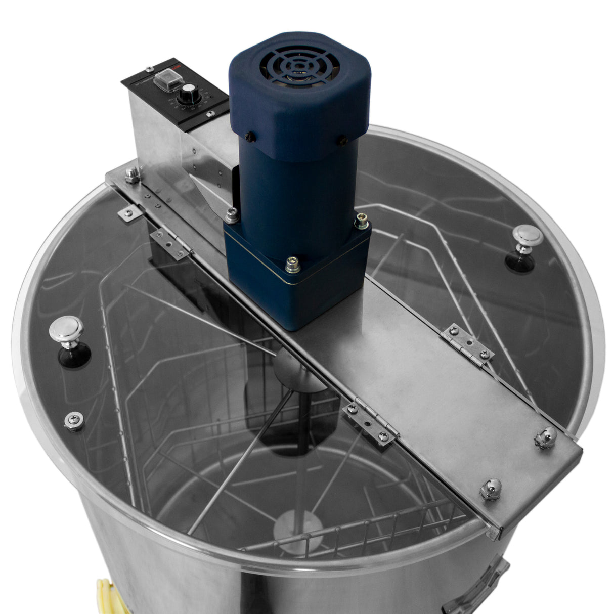 Extracteur de miel électrique T-Mech en acier inoxydable, avec un moteur bleu et un couvercle transparent pour une visibilité optimale