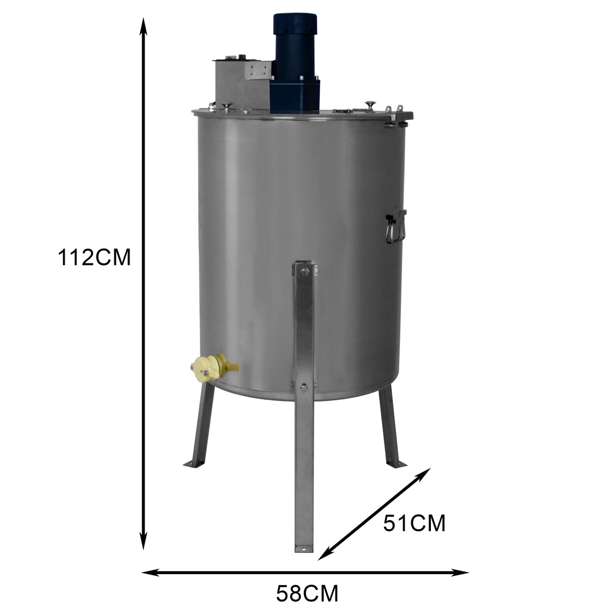 Extracteur de miel électrique en acier inoxydable, cylindrique, avec un moteur bleu, dimensions 112 cm de hauteur et 58 cm de diamètre