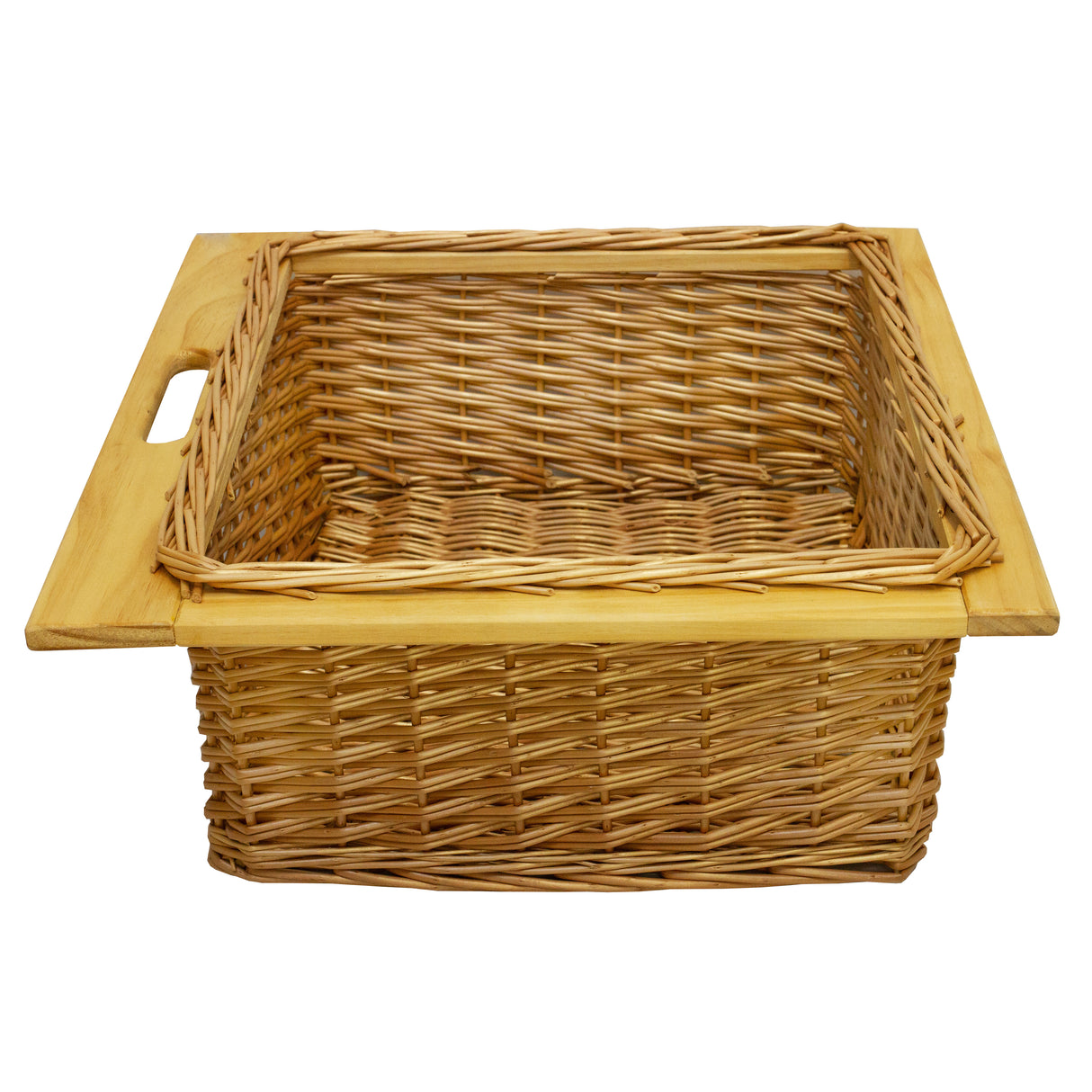 Panier coulissant en pin de 600 mm, tressé en osier naturel avec un plateau en bois, idéal pour le rangement et l'organisation