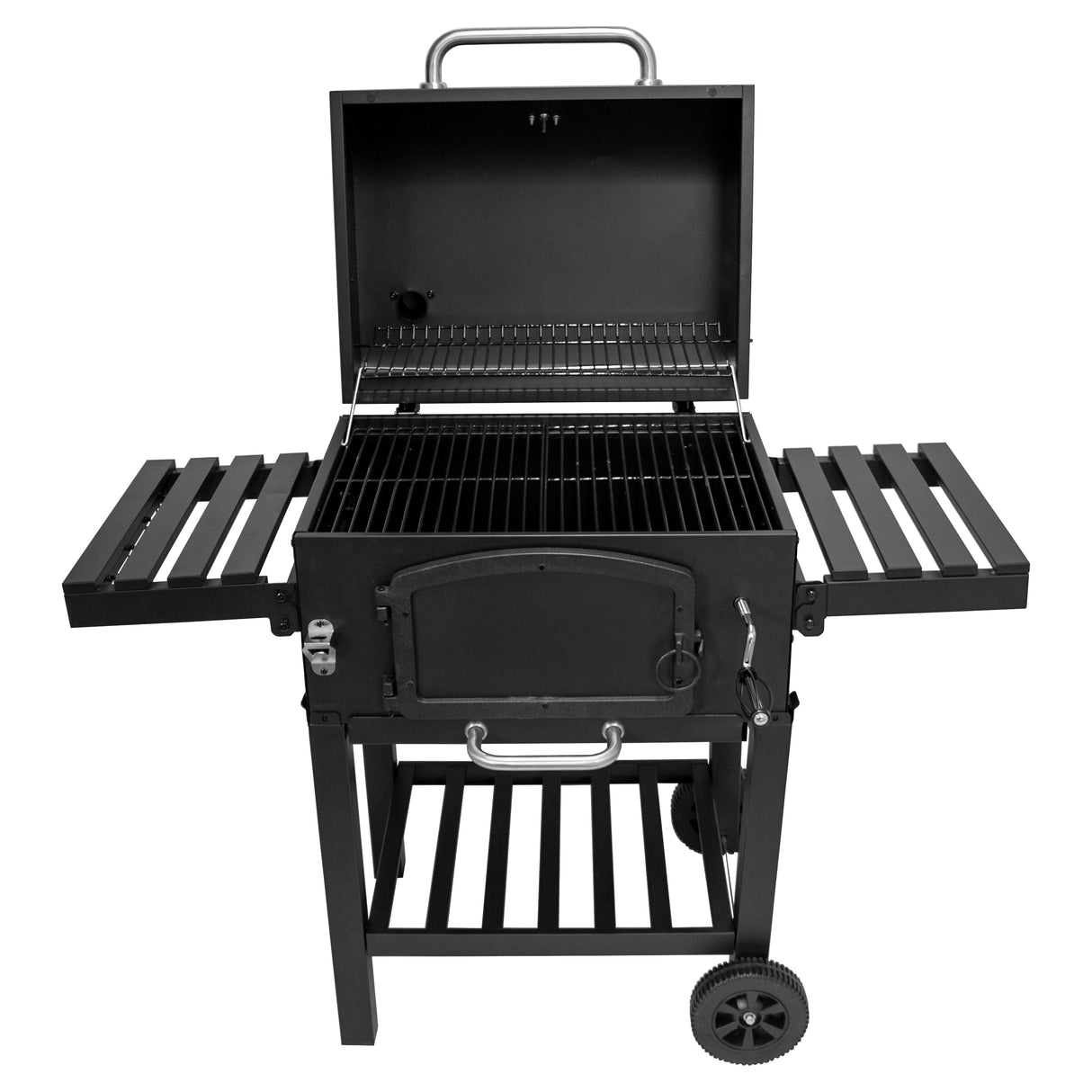 Gril à barbecue et fumoir XL en métal noir, avec couvercle ouvert, grilles en acier et étagères latérales pliantes pour un rangement facile