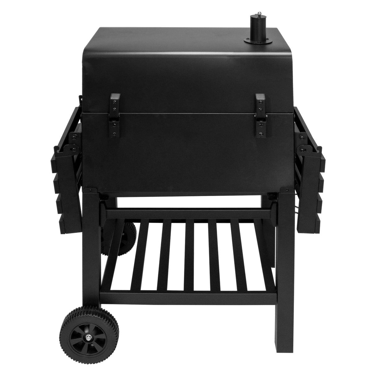 Gril barbecue et fumoir XL en métal noir, avec roulettes, étagères latérales et cheminée, idéal pour des repas en extérieur