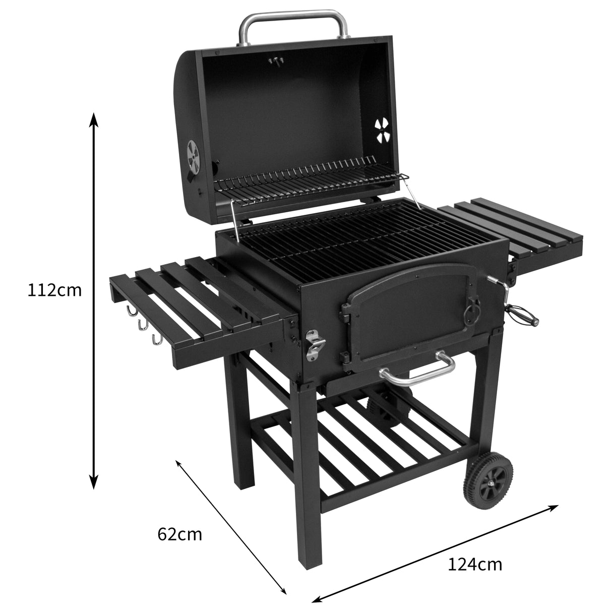 Gril à barbecue et fumoir XL en métal noir, avec grilles en acier, étagères latérales et roues pour un transport facile, dimensions 124x62x112 cm