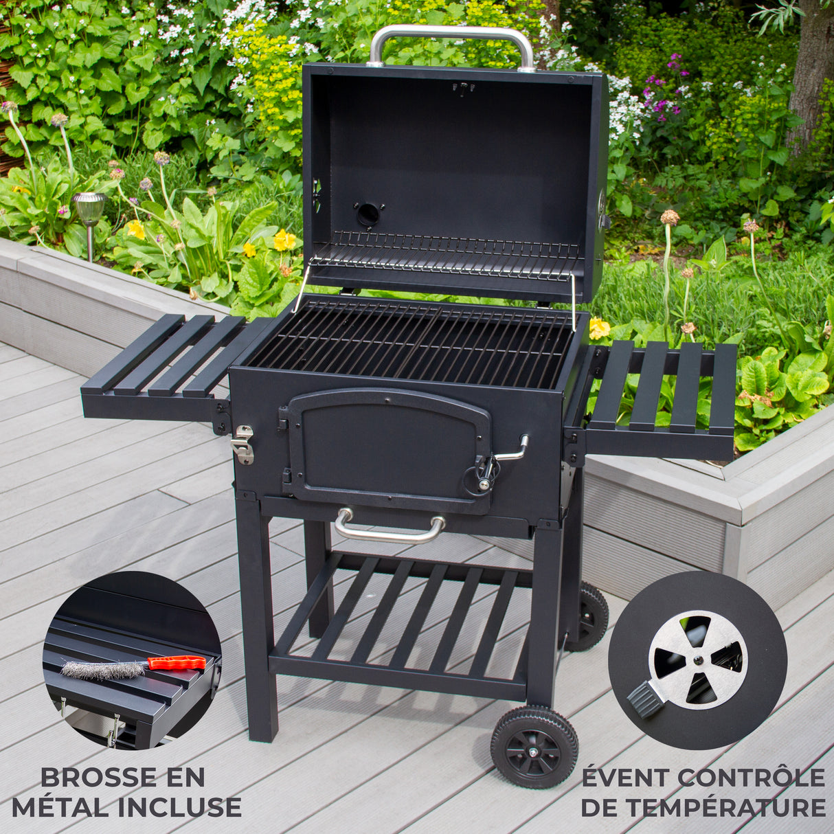Gril à barbecue et fumoir XL en métal noir, avec grilles en acier, étagères latérales et contrôle de température intégré