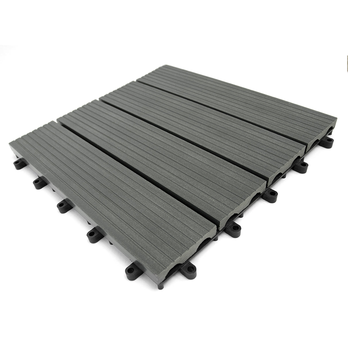 Dalles en bois composite gris de 30 x 30 cm, surface texturée avec rainures, idéales pour terrasses et aménagements extérieurs