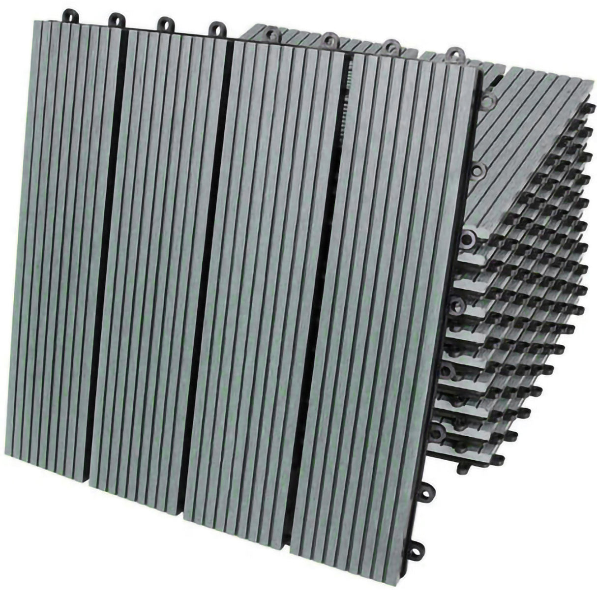 Dalles en bois composite gris de 30 x 30 cm, présentant une texture lisse et des rainures verticales pour un design moderne et élégant